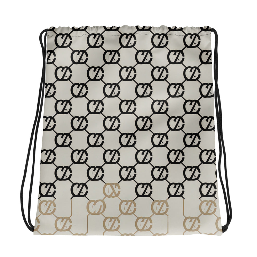 Coocosh Elite Cipher drawstring bag, showcasing a sophisticated logo pattern in black and beige. This lightweight, durable fashion bag offers 30 lbs capacity for effortless organization, making it an ideal companion for gym trips or stylish on-the-go adventures.