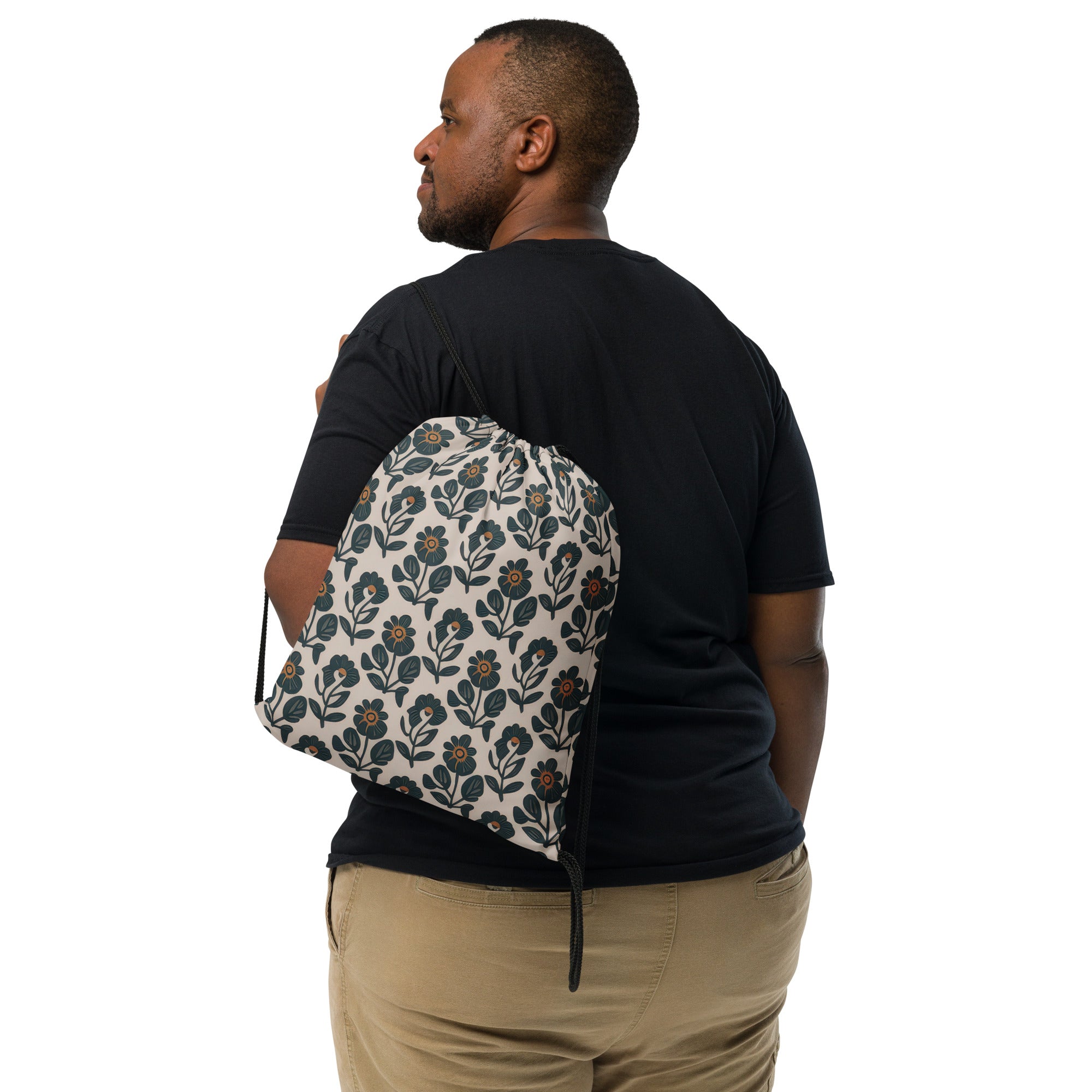 Coocosh Prairie Folk floral drawstring bag, featuring a striking black and white design, combines style and durability with comfortable straps, making it the perfect companion for your active lifestyle or gym sessions, offering spacious storage and versatility.