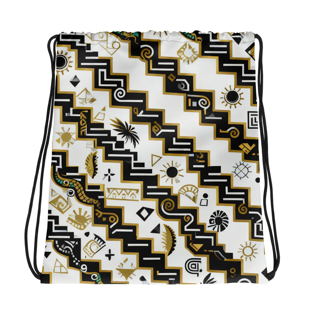 Coocosh Serpents Path drawstring bag, featuring an eye-catching black, white, and gold zigzag geometric pattern. Ideal for the stylish on-the-go individual, this durable and versatile accessory combines effortless access with everyday functionality.
