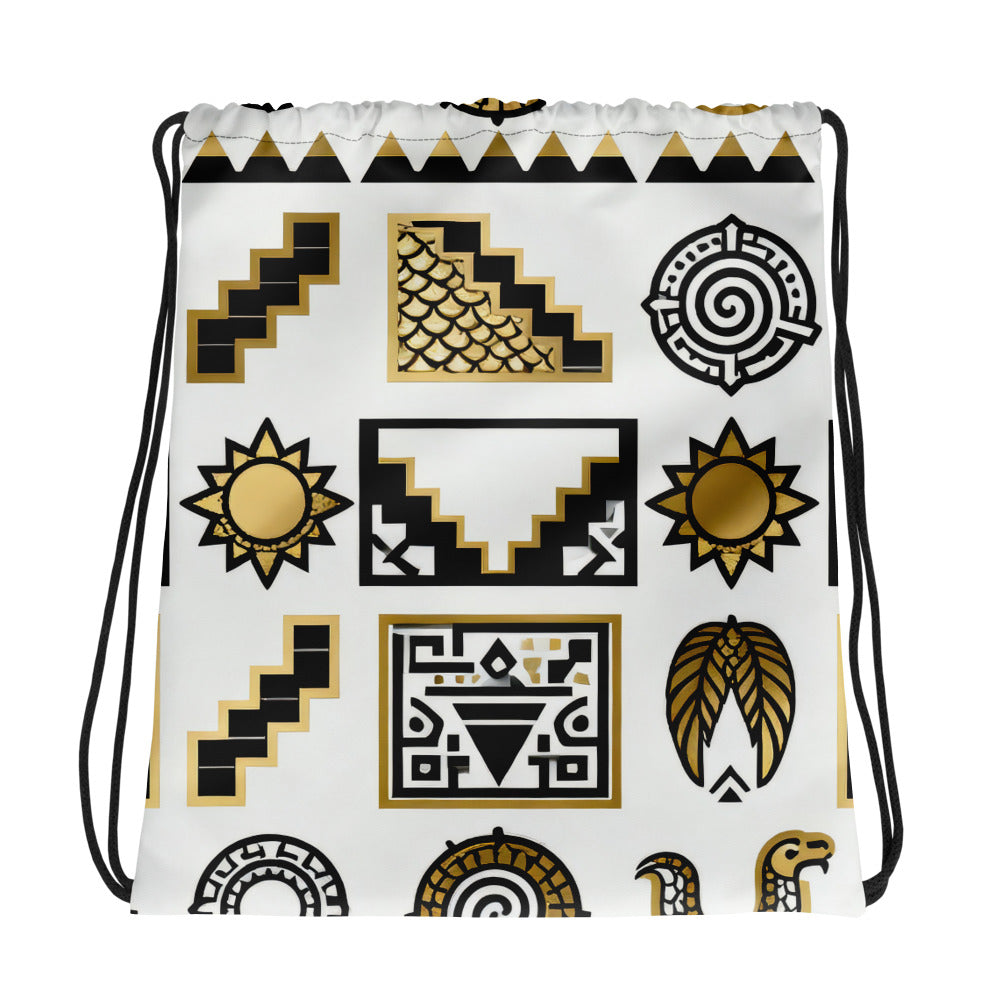 Coocosh Glyph Theory drawstring bag featuring vibrant geometric patterns in black, gold, and white. Crafted from durable 100% polyester, this lightweight accessory offers easy portability for daily essentials, merging style with functional versatility.