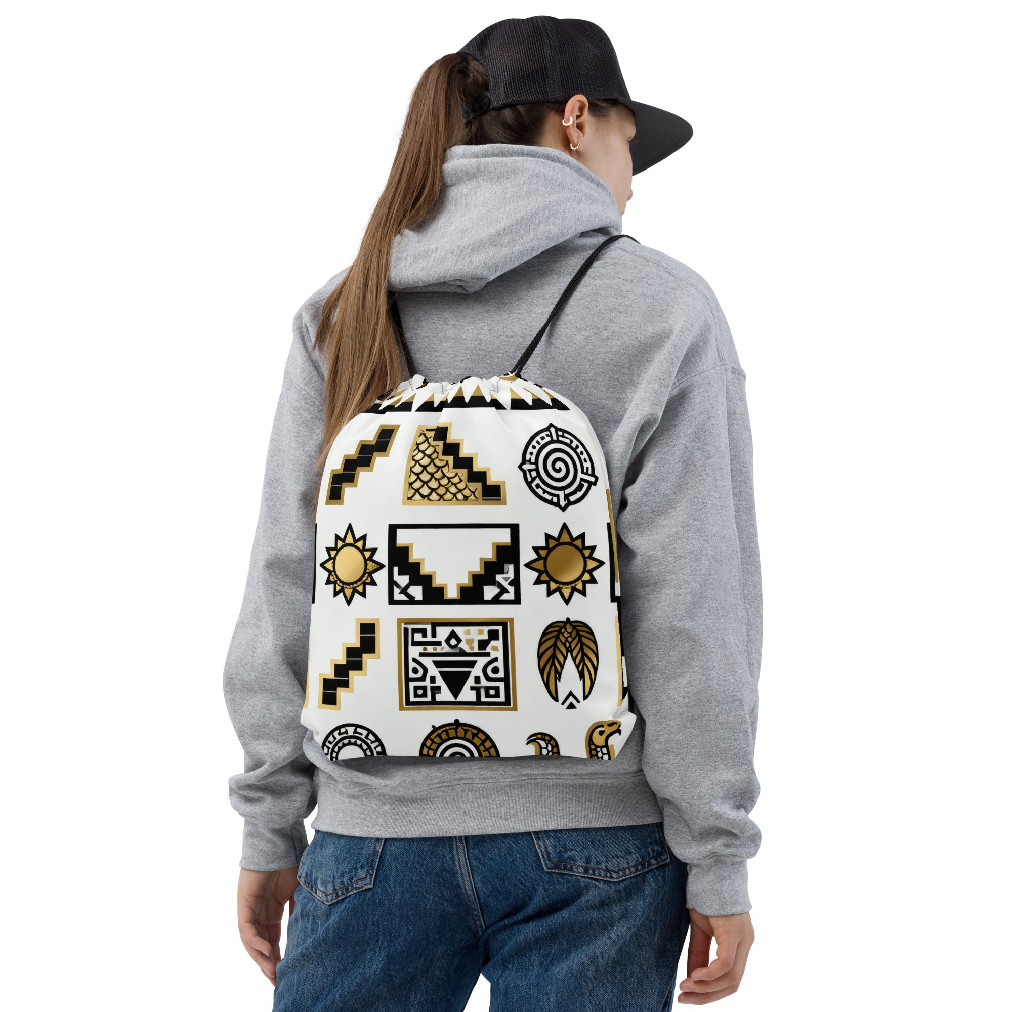 Coocosh's Glyph Theory drawstring bag, showcasing geometric patterns in black, white, and gold, offers a stylish solution for your daily essentials. Lightweight and durable, it effortlessly combines portability with vibrant design, perfect for gym or everyday adventures.