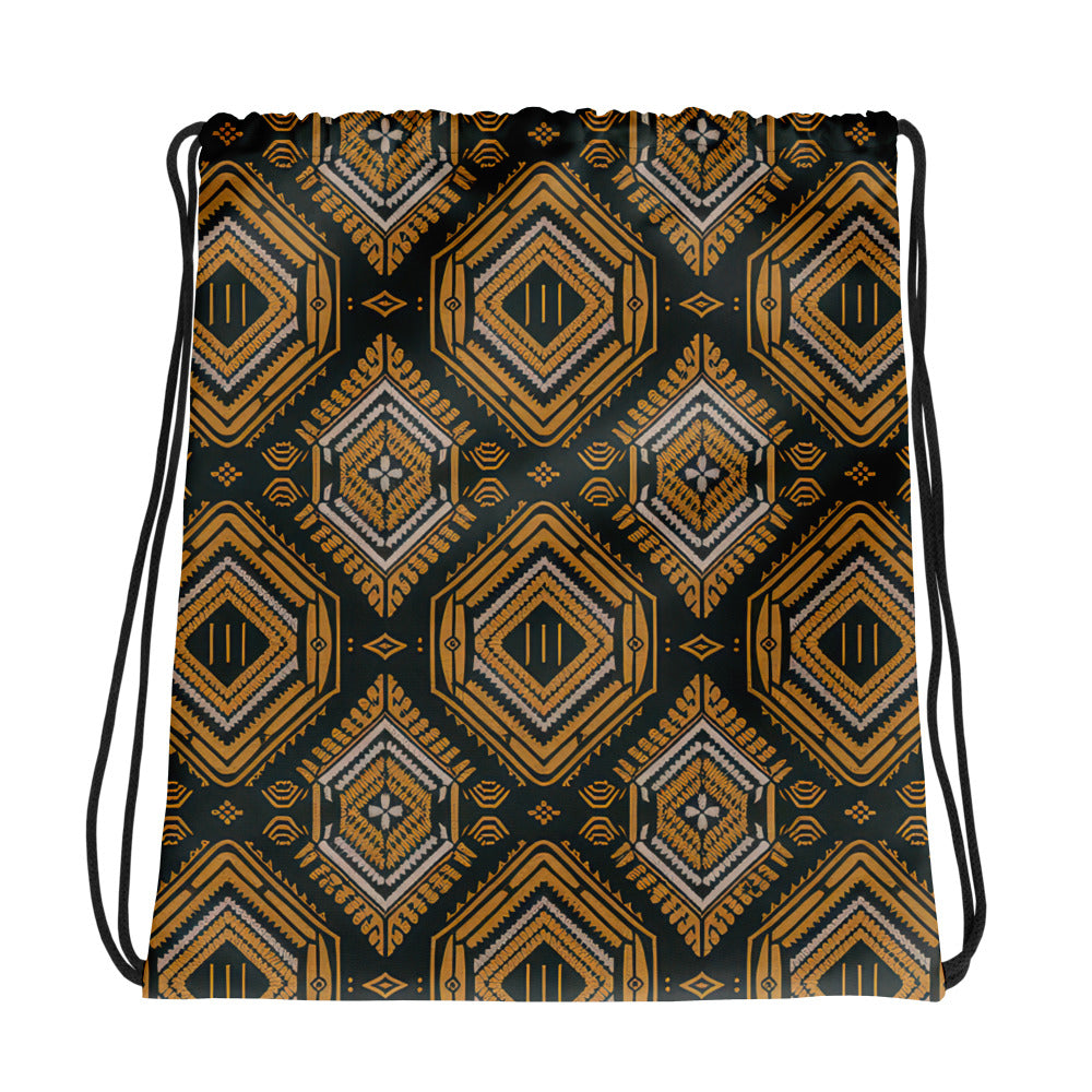 Coocosh Obsidian Weave drawstring bag, featuring a striking geometric pattern in rich brown, gold, and black. Designed for the active lifestyle, this durable yet lightweight bag offers secure closure and effortless style, perfect for gym essentials or on-the-go adventures.
