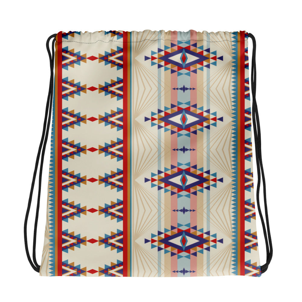 Coocosh Nomadic Horizon drawstring bag featuring a vivid geometric pattern in red, blue, and cream. Crafted from durable 100% polyester, this lightweight, versatile bag is perfect for active lifestyles, ensuring you carry essentials with style and flair.
