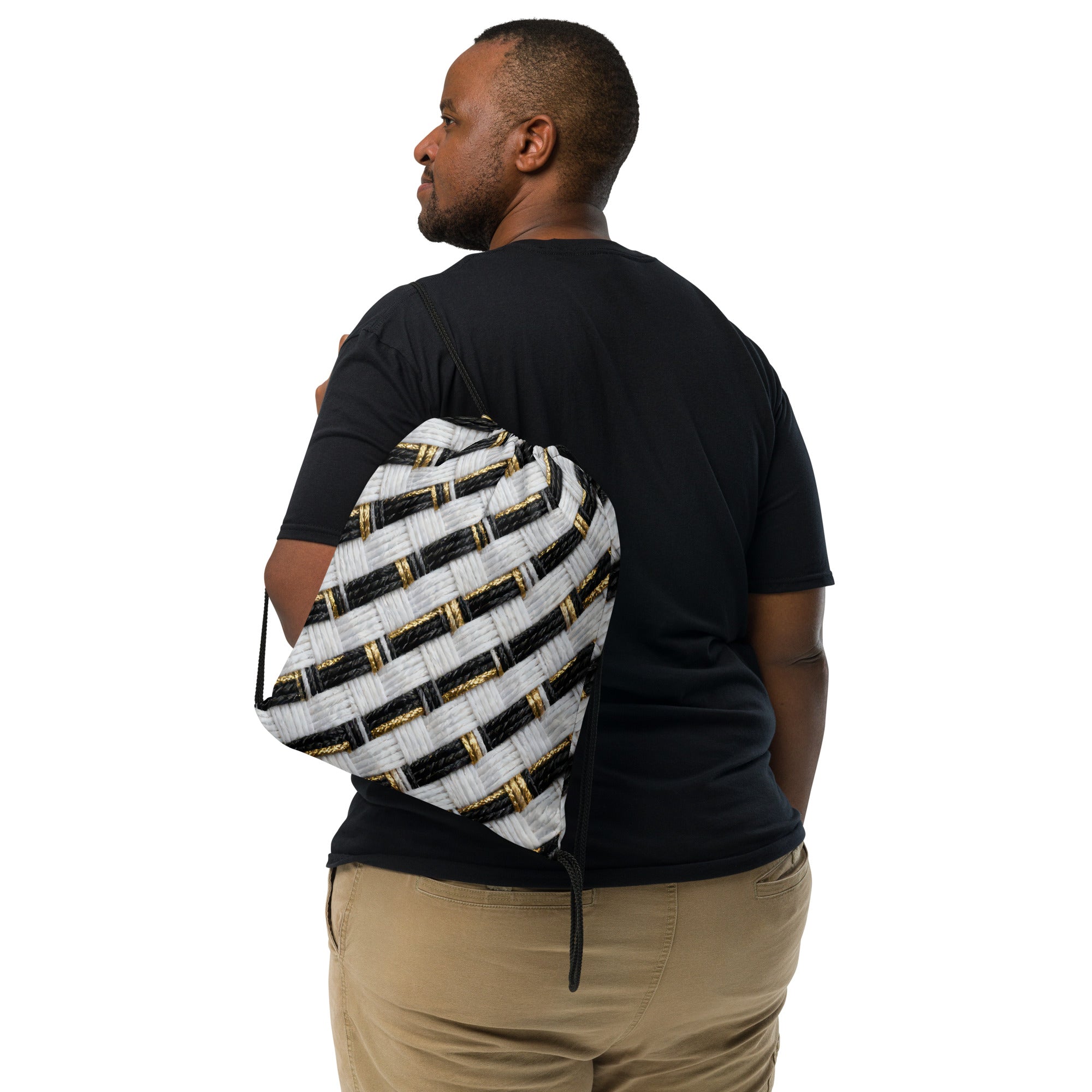 Coocosh Twill Treasure drawstring bag, elegantly designed with a chic black and white striped pattern. Ideal for everyday carry, gym sessions, or travel, it blends durable, lightweight polyester with stylish functionality for the modern adventurer.