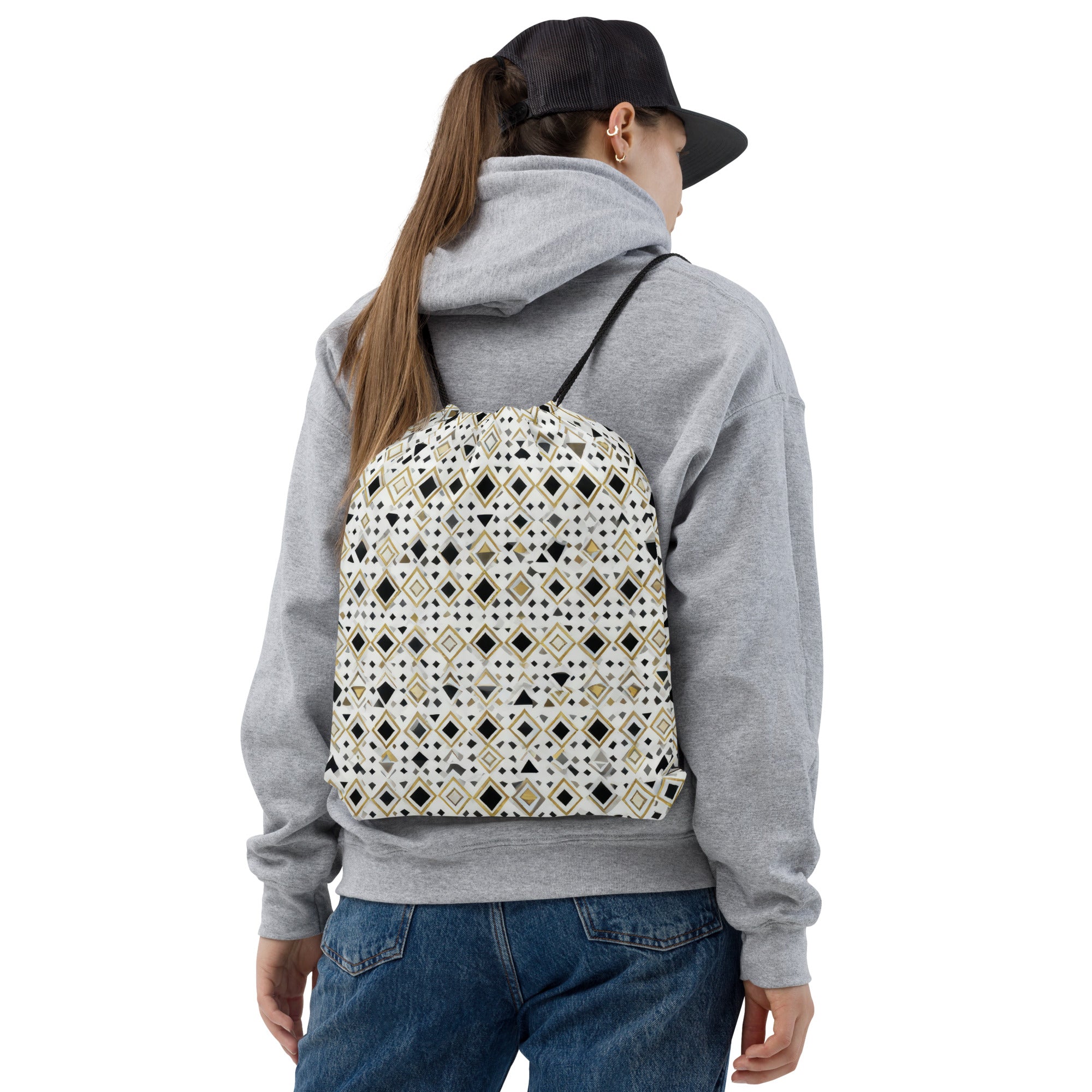 Coocosh Quantum Prism drawstring bag, featuring a chic geometric pattern and durable 100% polyester construction, ideal for gym essentials or travel gear. Lightweight and secure, it effortlessly combines style and functionality for your active lifestyle.