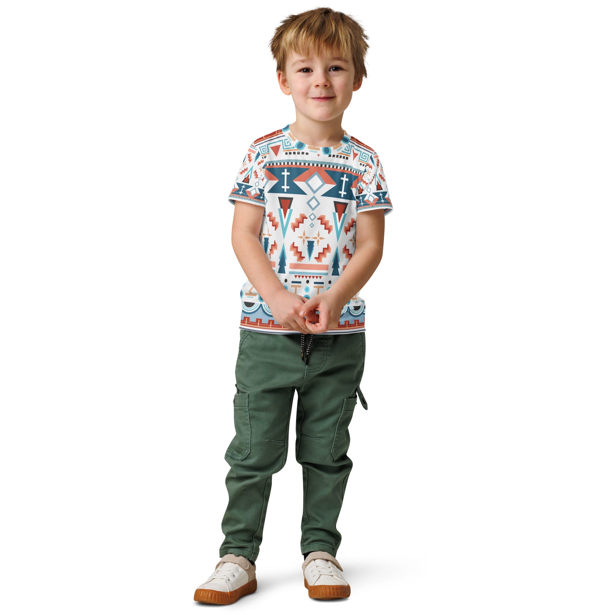 Coocosh Mesa Mosaic geometric tribal kids' cotton crew neck t-shirt, featuring a playful design in soft stretch fabric, perfect for inspiring creativity and confidence in every young explorer.