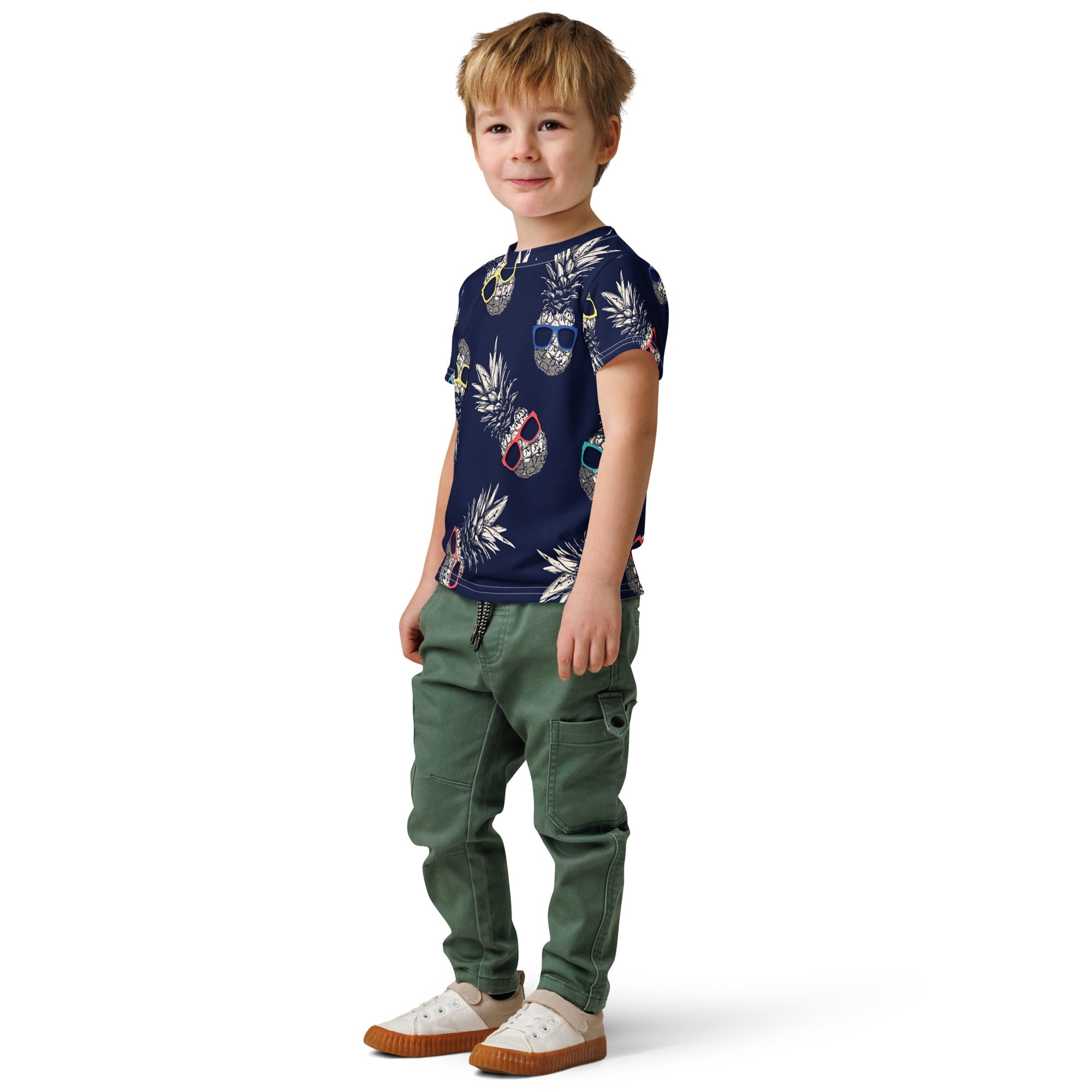 Coocosh Pineapple Shades: A stylish kids' cotton crew neck t-shirt featuring a vintage skull design, perfect for active young explorers. Crafted from soft, breathable fabric for all-day comfort and durability, ideal for playdates or casual outings.