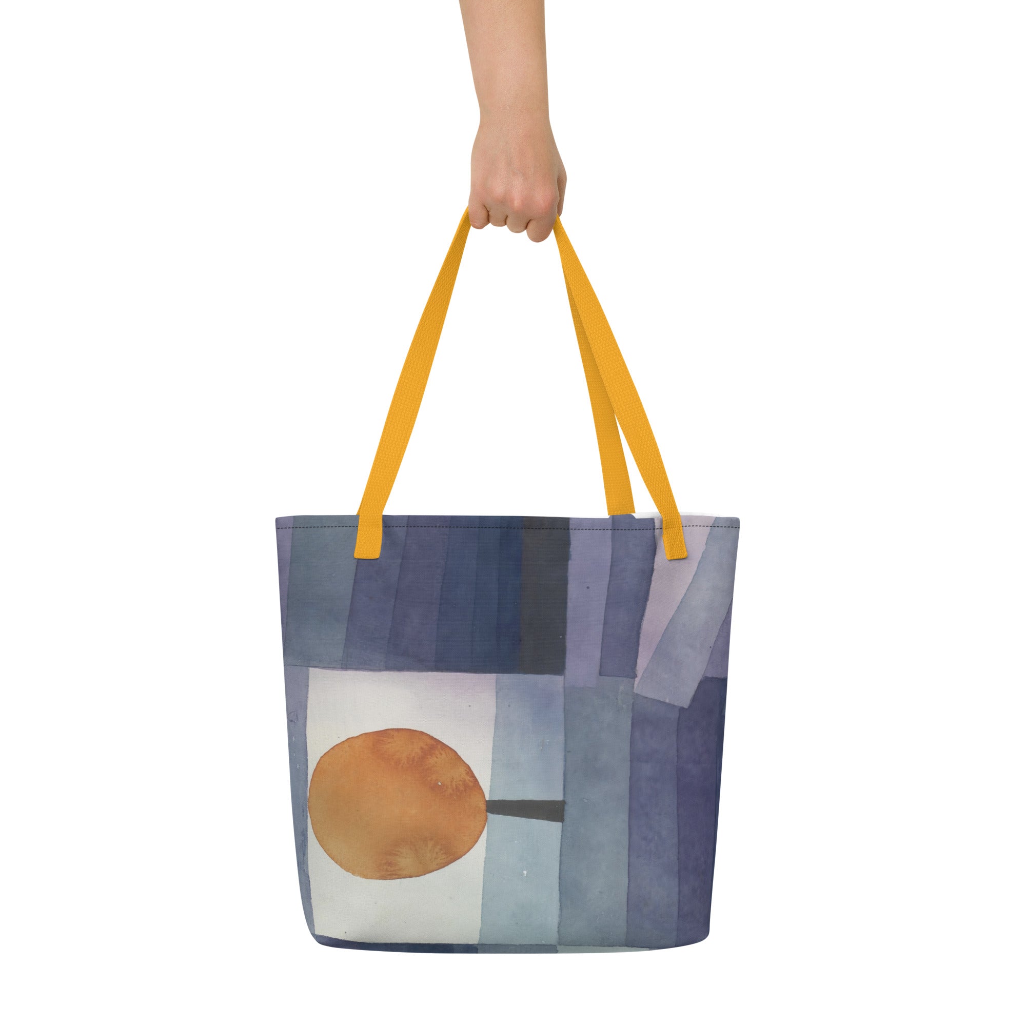 Coocosh vibrant all-over print large tote bag, featuring bold geometric shapes and a lively circular orange element. Designed for organized storage and effortless style, its durable cotton handles and cheerful colors make it a perfect companion for any outing.