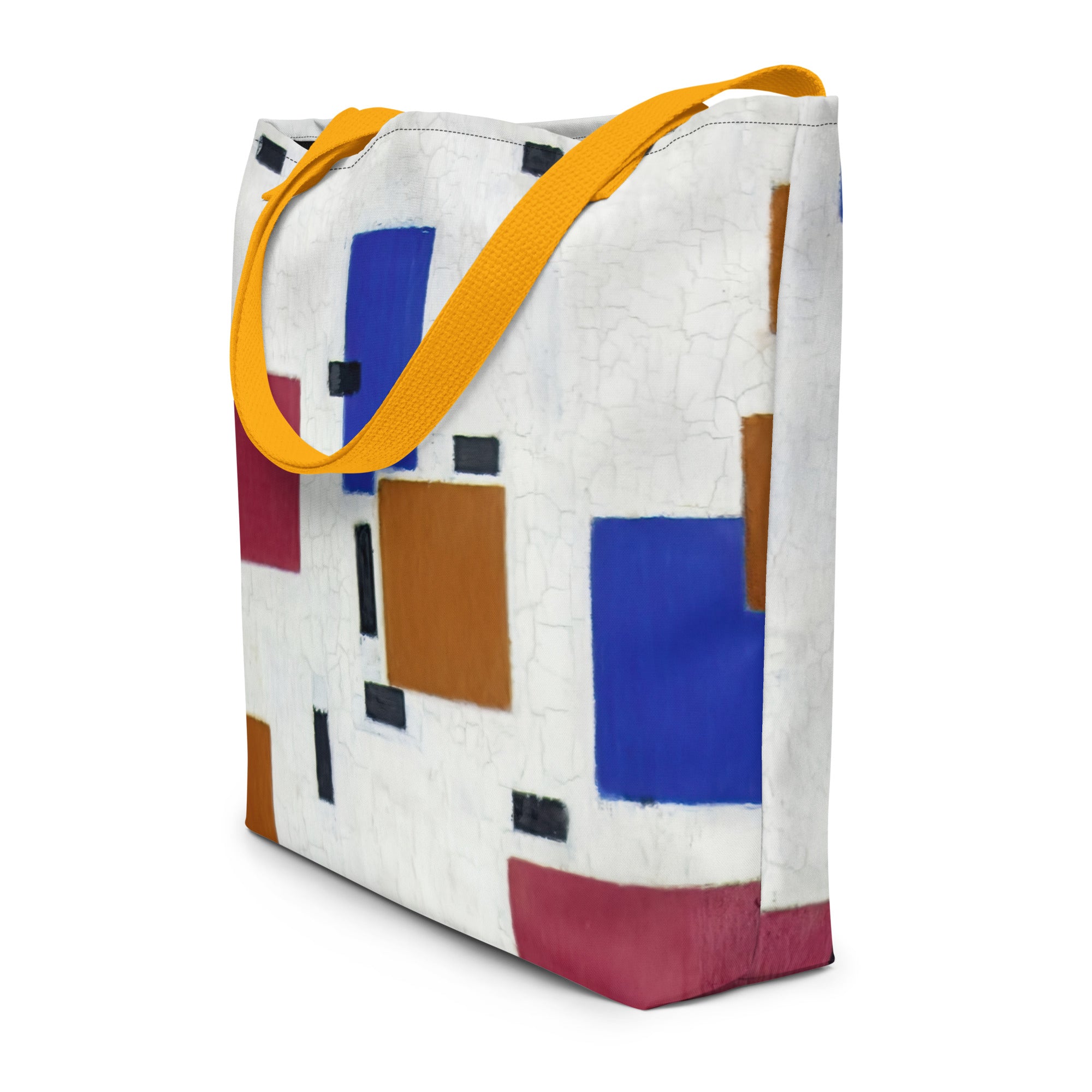 Coocosh vibrant abstract geometric tote bag, featuring a lively composition of blue, brown, yellow, and red shapes against a crisp white background. Its durable 100% polyester fabric and bright yellow handles make it the ideal companion for stylish outings or beach days.