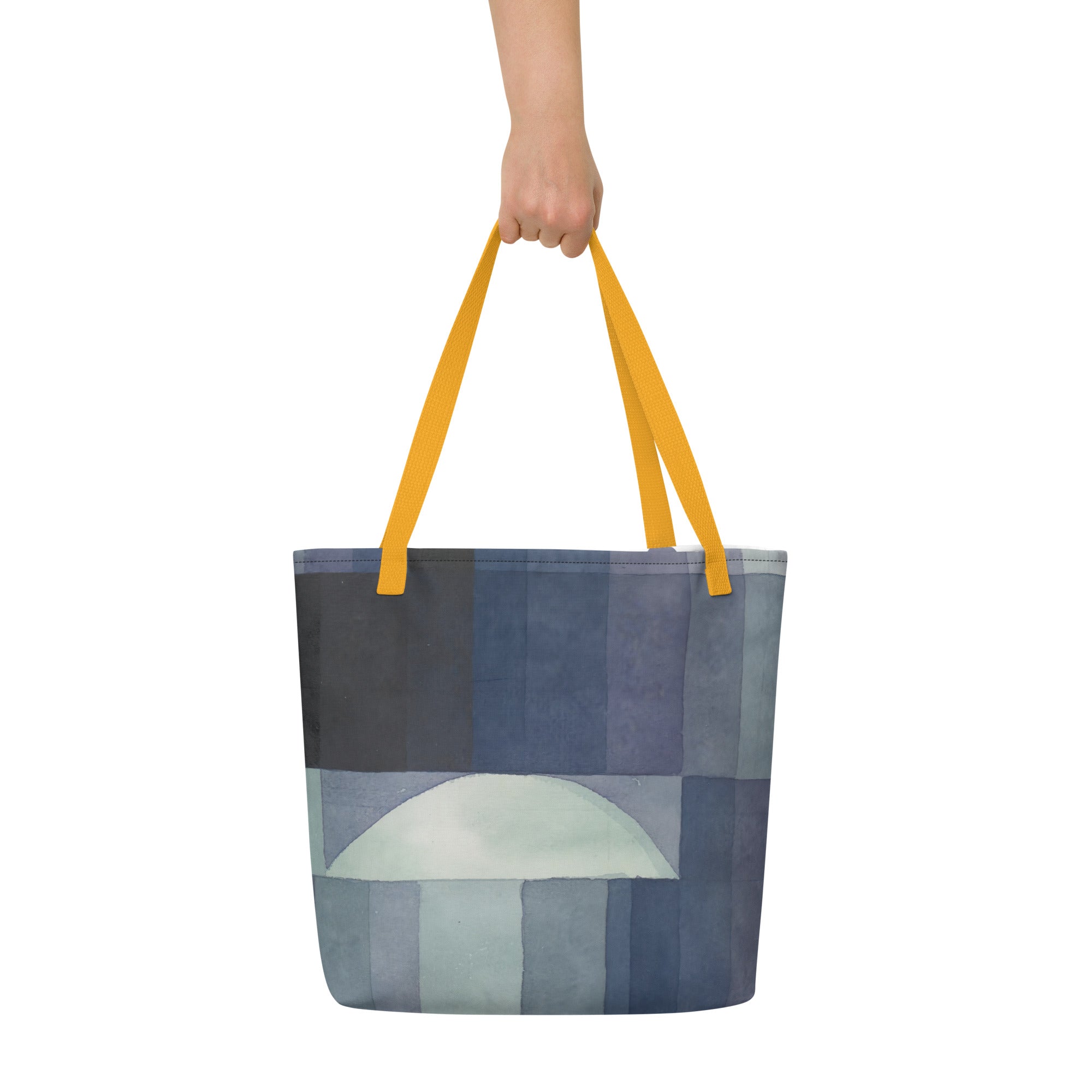 Coocosh's Der Bote des Herbstes large tote bag combines vibrant geometric patterns in serene blue tones with striking yellow handles, offering stylish organization and durability for beach days or urban adventures.