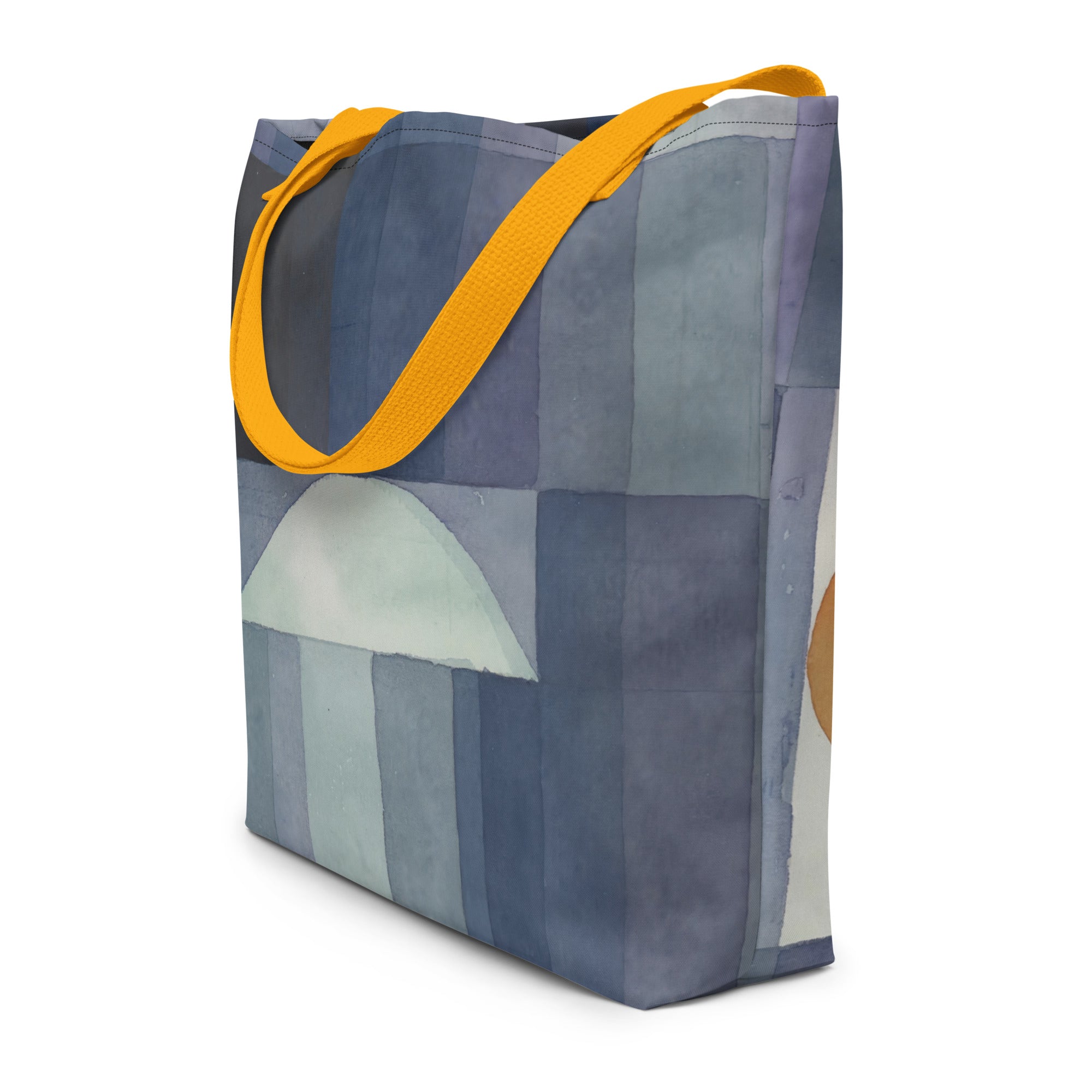 Coocosh vibrant geometric design tote bag, featuring striking blues and eye-catching orange handles. This durable, all-over print large tote effortlessly combines style and functionality, perfect for organized beach days or chic outings.