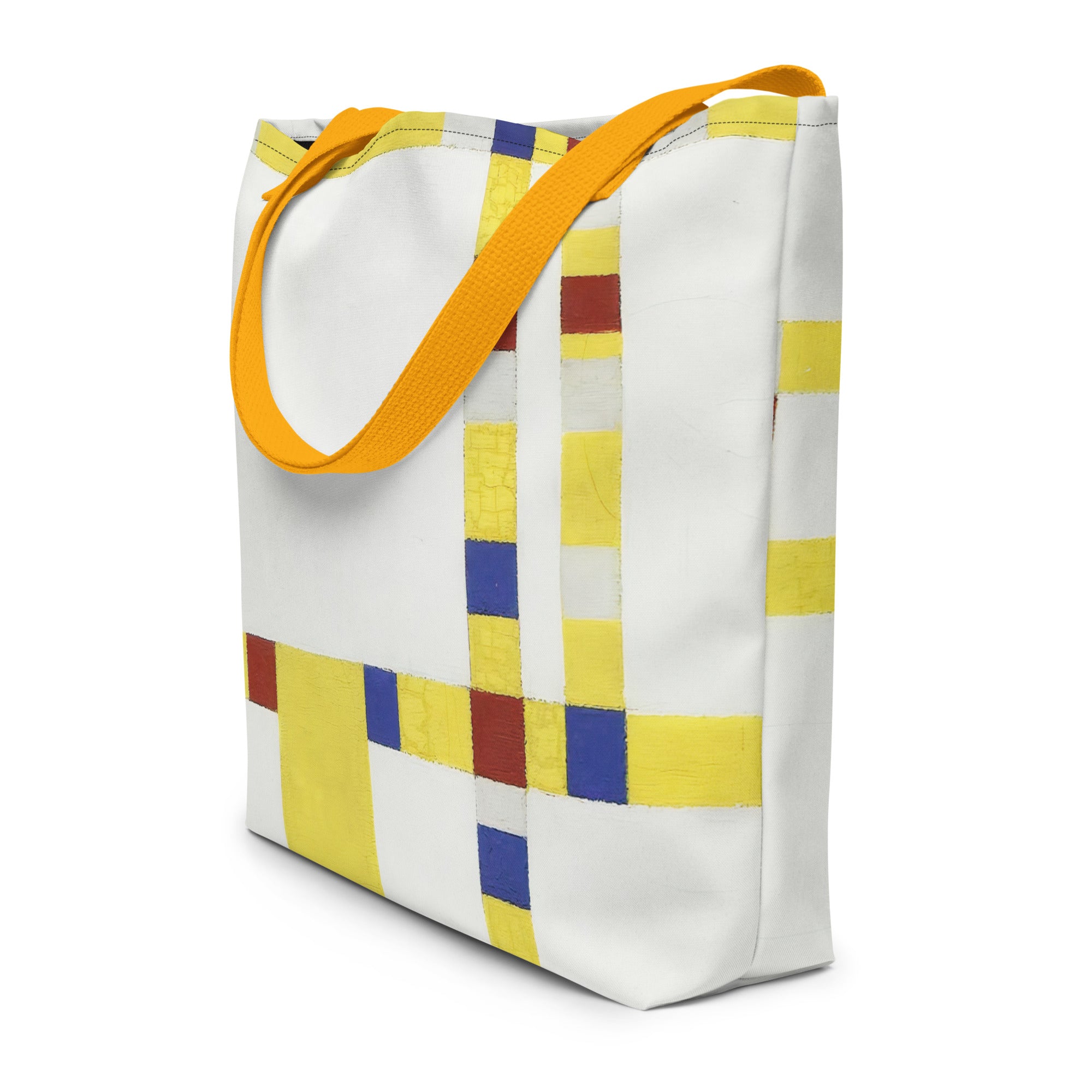 Coocosh Broadway Boogie Woogie tote bag, featuring a vibrant geometric design in yellow, blue, and red against a crisp white background. With durable 100% polyester and comfortable orange straps, this stylish tote effortlessly complements your everyday ensemble while adding a pop of color to your adventures.