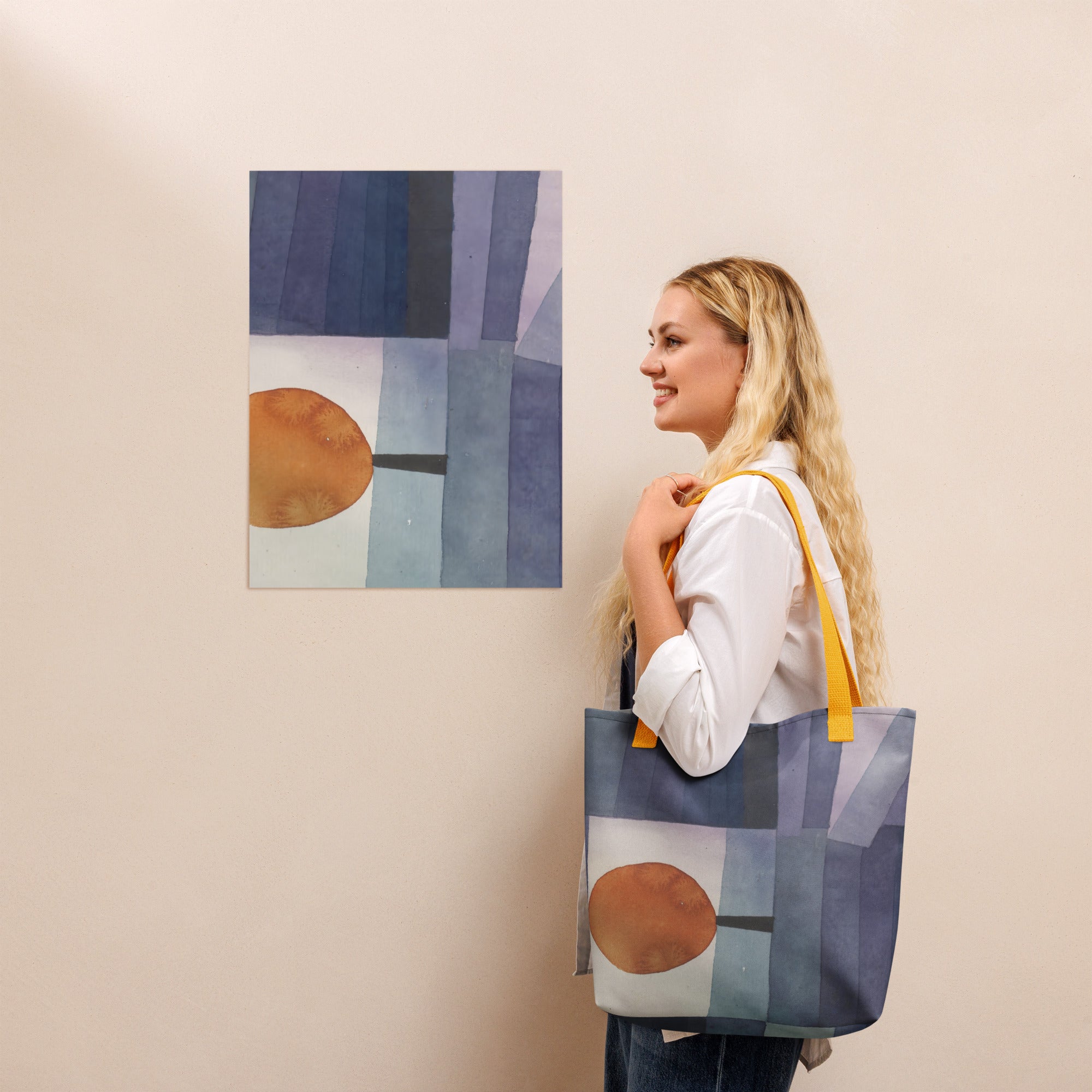 Coocosh sophisticated autumn-inspired tote bag, featuring a vibrant abstract geometric design in shades of blue and orange. Crafted from durable 100% polyester with eco-friendly cotton handles, perfect for stylish carrying in any season.