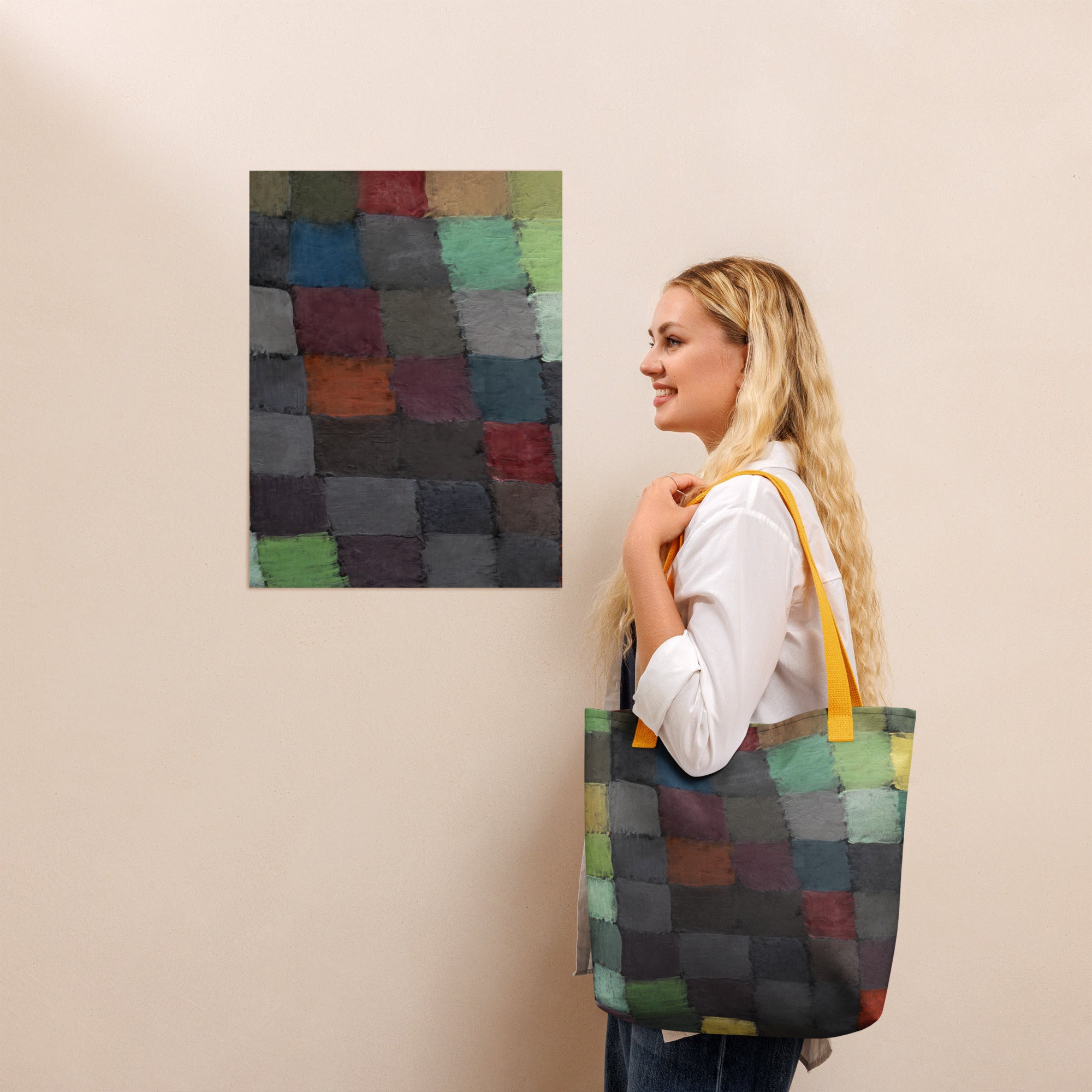 Coocosh colorful patchwork tote bag, featuring durable polyester and comfortable cotton handles, perfectly complements vibrant art while offering spaciousness and lightweight versatility for everyday adventures and stylish outings.