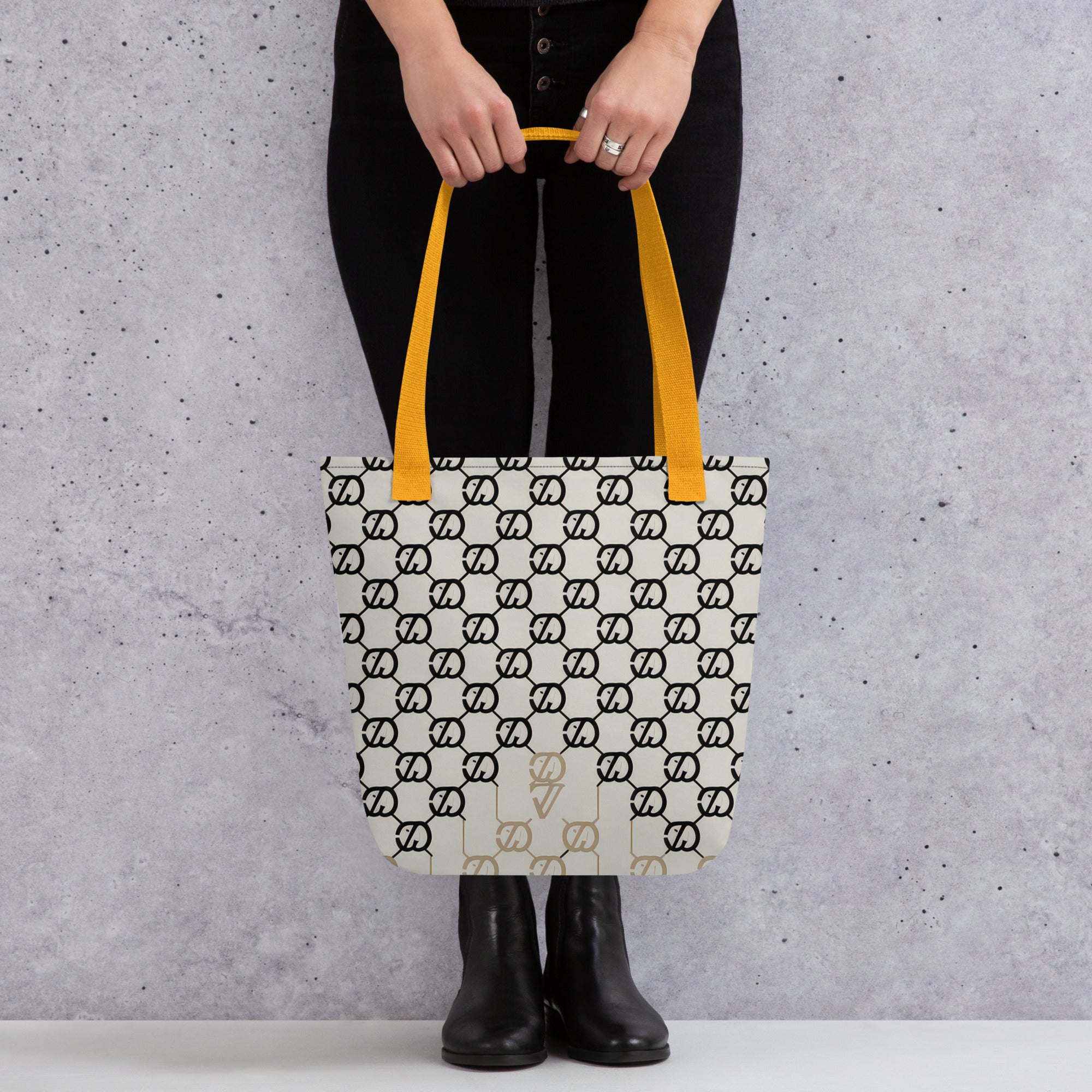 Coocosh Elite Cipher tote bag, featuring a striking geometric pattern and vibrant yellow straps, ideal for stylish on-the-go versatility. Perfectly complements any outfit, making it the essential accessory for those who value both elegance and functionality.