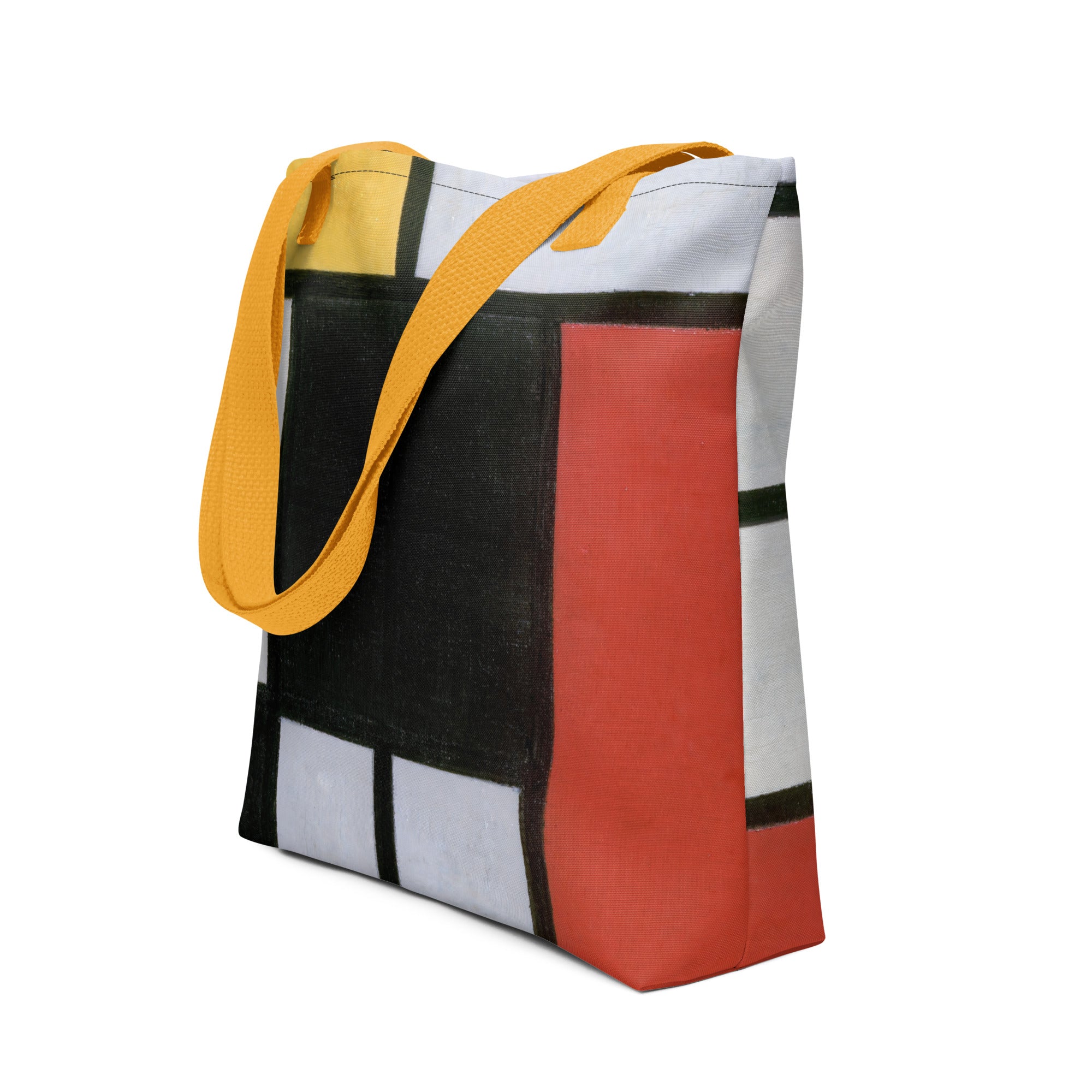 Coocosh's abstract geometric tote bag features a striking design in red, yellow, black, and white, complemented by a chic yellow strap. Crafted from durable 100% polyester, it effortlessly combines style and functionality, making it your perfect accessory for daily adventures.