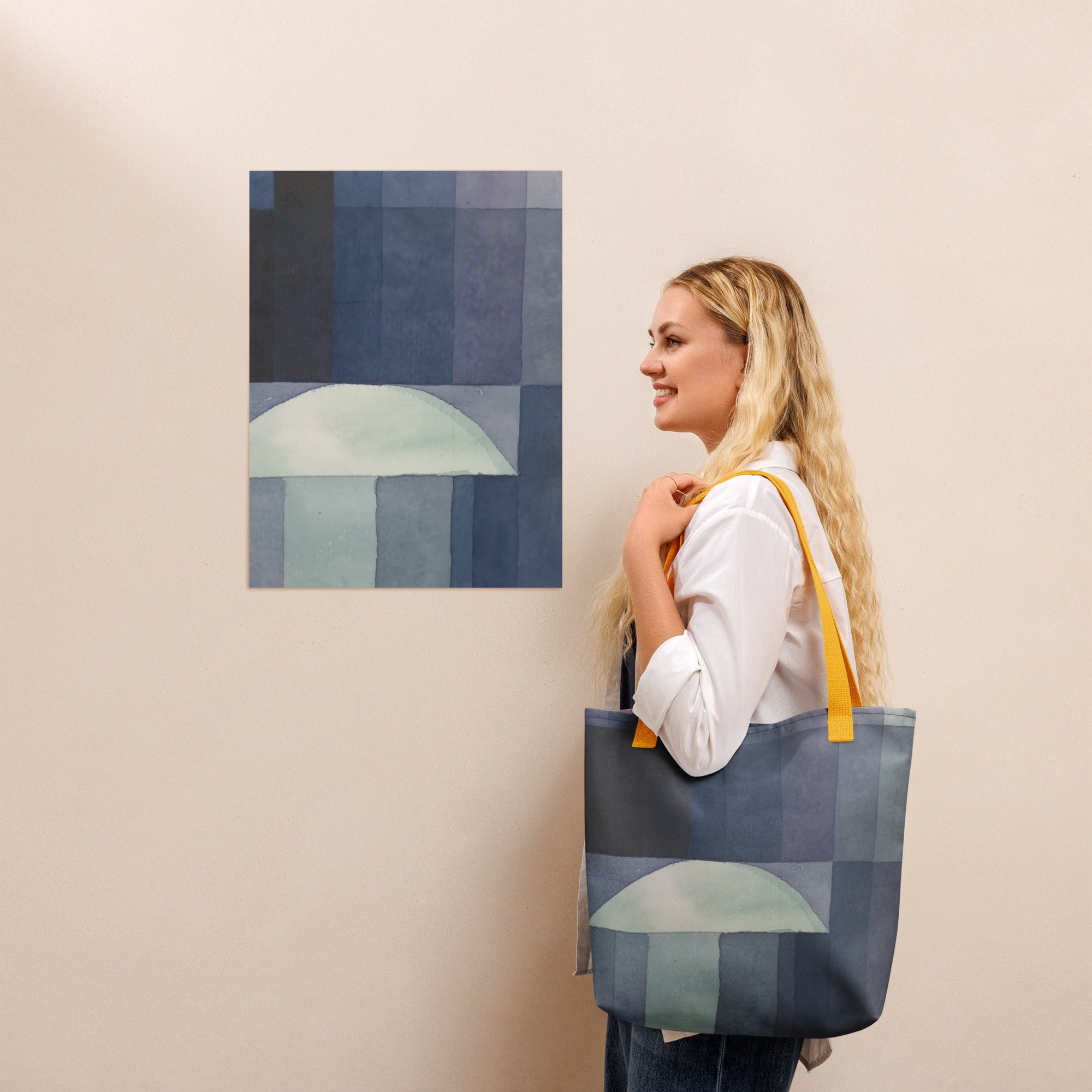 Coocosh abstract geometric tote bag, designed with 100% durable polyester and eco-friendly cotton handles, perfect for showcasing your fall fashion. Effortlessly stylish and spacious, it complements contemporary art in vibrant spaces.