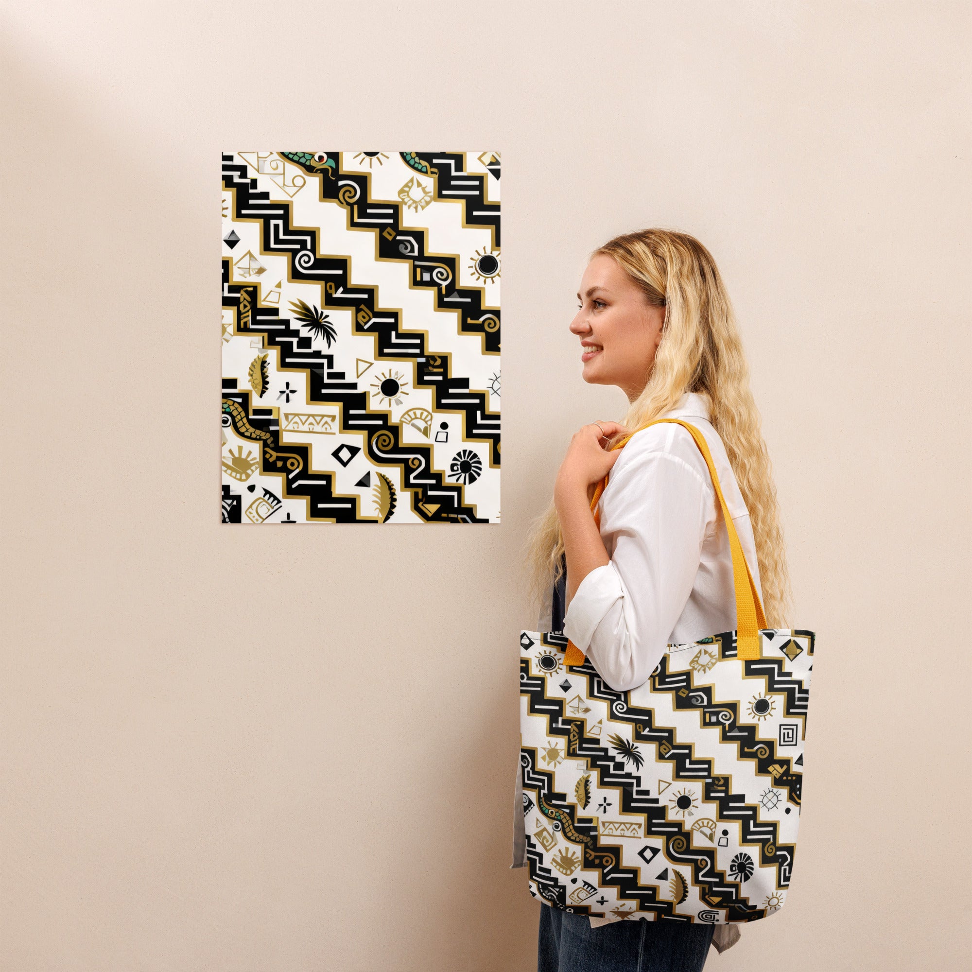 Coocosh Serpents Path tote bag features chic black and white geometric patterns and sun symbols, blending style with sustainability. Made from 100% polyester, it effortlessly carries essentials while reflecting contemporary elegance in any setting.