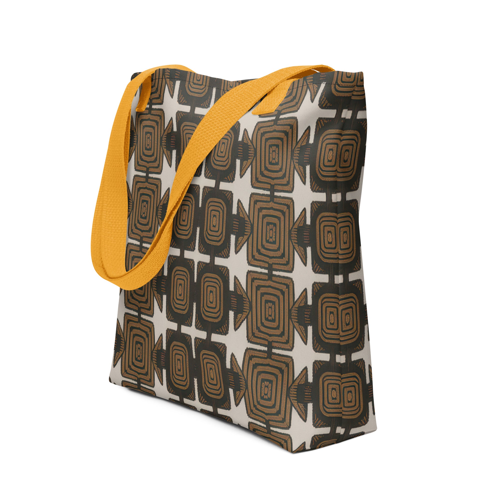 Coocosh Retro Resonance geometric pattern tote bag, featuring a striking brown design with a vibrant yellow strap. This lightweight, durable accessory effortlessly merges style and functionality for the modern lifestyle, making every errand a stylish affair.