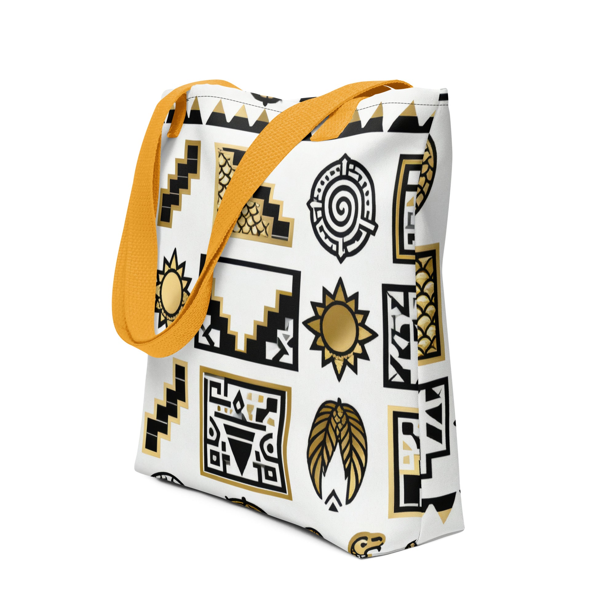 Coocosh's vibrant Glyph Theory tote bag blends contemporary design with practicality; its colorful geometric patterns on a white backdrop and durable yellow strap make it a stylish, lightweight companion for daily adventures or artistic explorations.