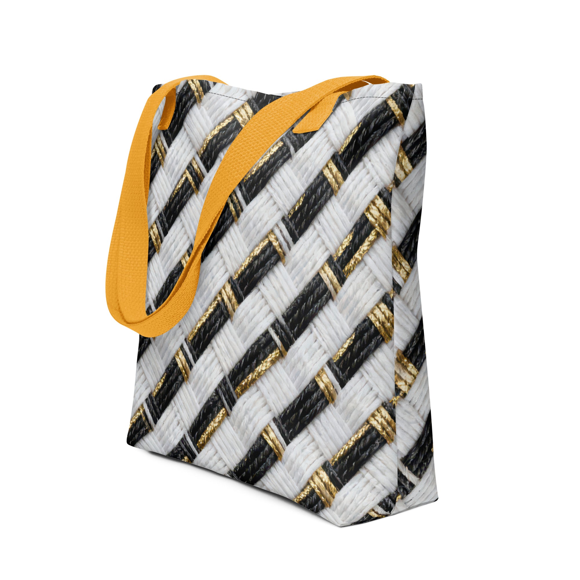 Coocosh Twill Treasure tote bag boasts a chic black and white geometric pattern with vibrant yellow straps, effortlessly blending style and functionality for everyday elegance and versatility in every carry.
