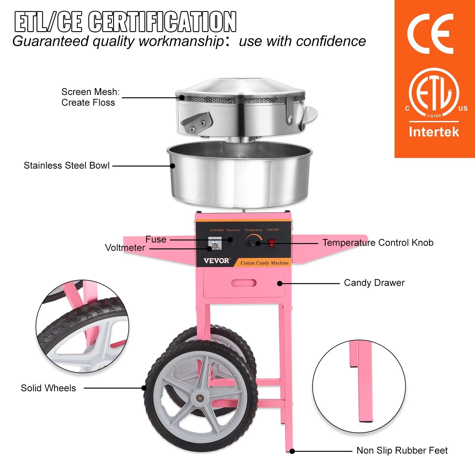 VEVOR Electric Cotton Candy Machine with Cart, 1000W