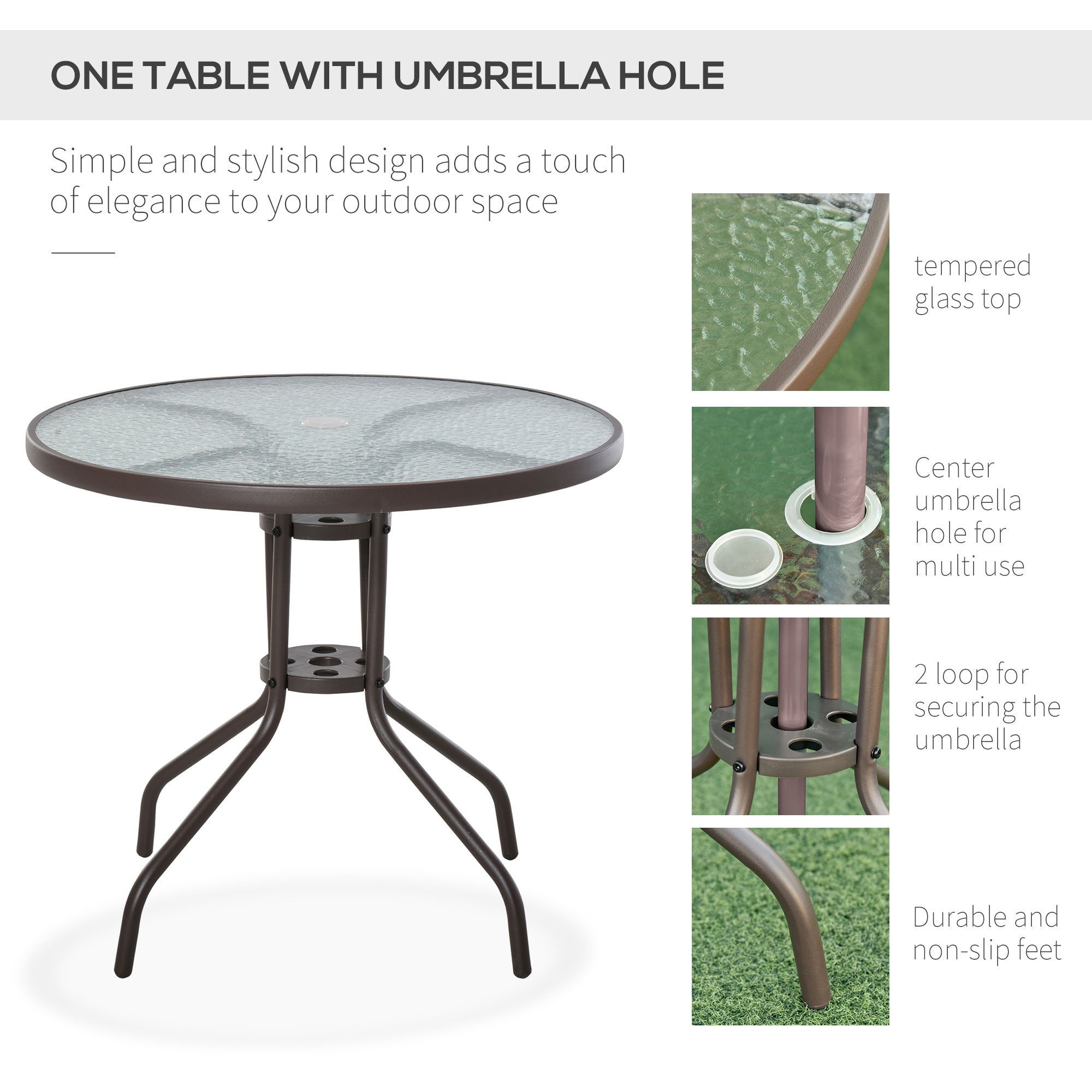 Coocosh Outdoor Table with Umbrella Hole, featuring a tempered glass top and sturdy metal frame, in brown color. This stylish table measures 36 inches diameter, perfect for enhancing your patio or garden space.
