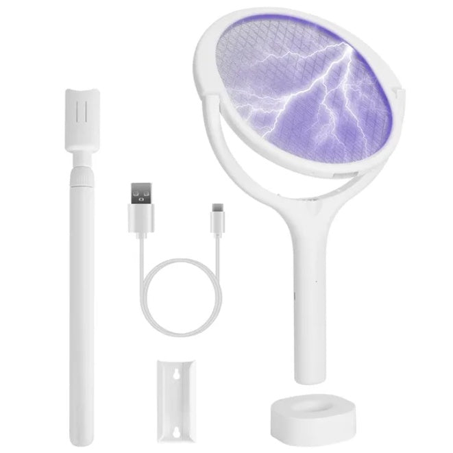 Coocosh Electric Fly Swatter/Bug Zapper with USB charging base, handheld racket design, white color. Powerful high voltage grid for instant insect elimination. Perfect for indoor and outdoor use. Cordless design.