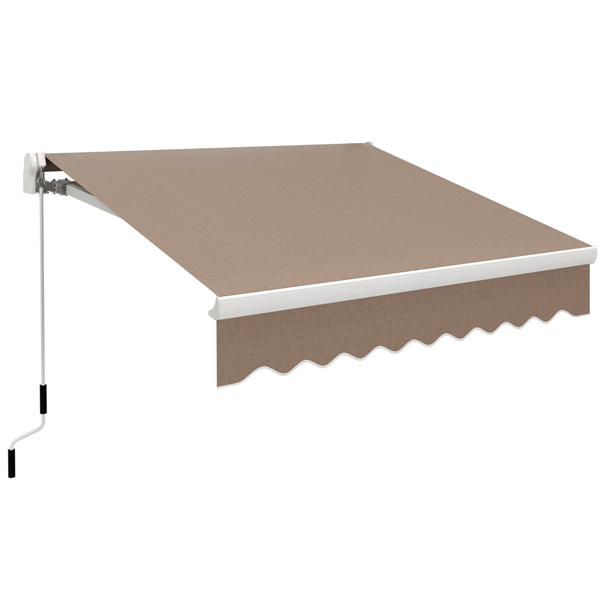 Coocosh retractable awning made of durable fabric in a warm taupe color, featuring a scalloped valance and a manual crank for easy operation, shown from a side angle providing a clear view of its construction and deployment mechanism.