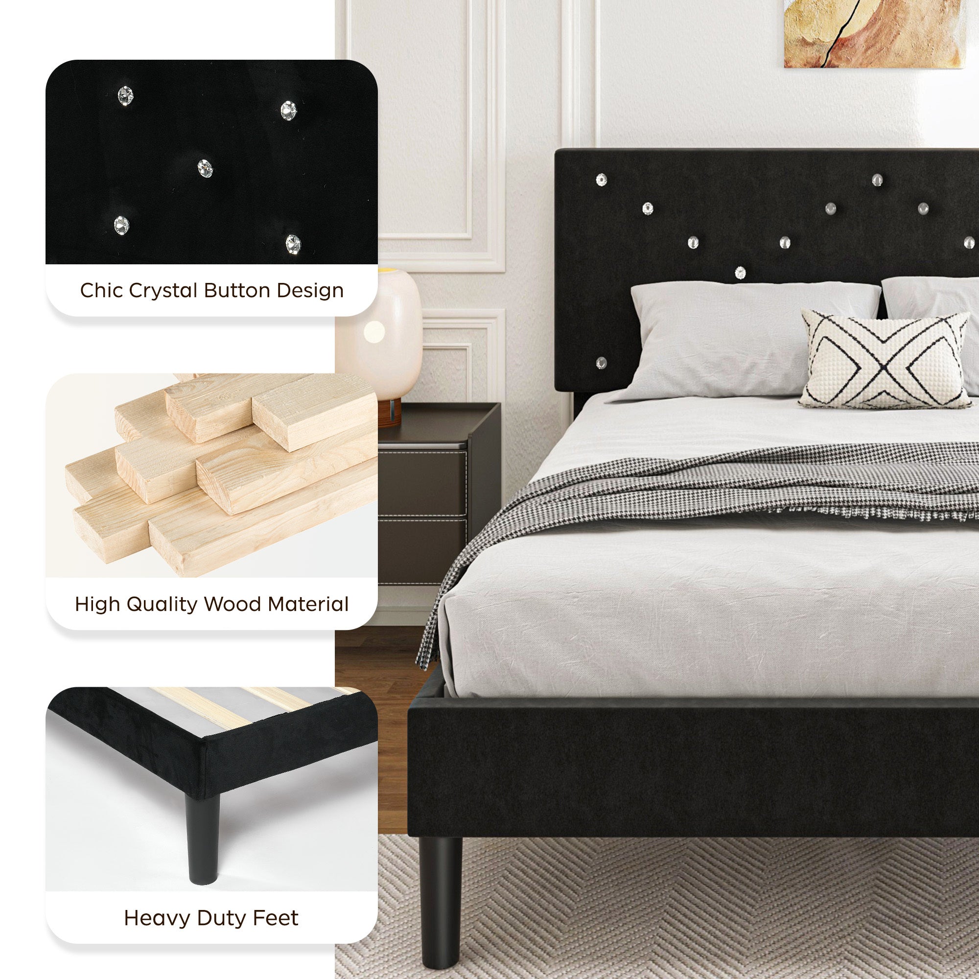 Modern Platform Bed Frame With Upholstered Headboard & Wooden Slats - No Box Spring Needed, Easy Assembly, Black