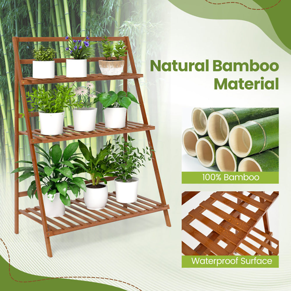 3-Tier Bamboo Ladder Shelf Foldable Plant Flower Bookshelf
