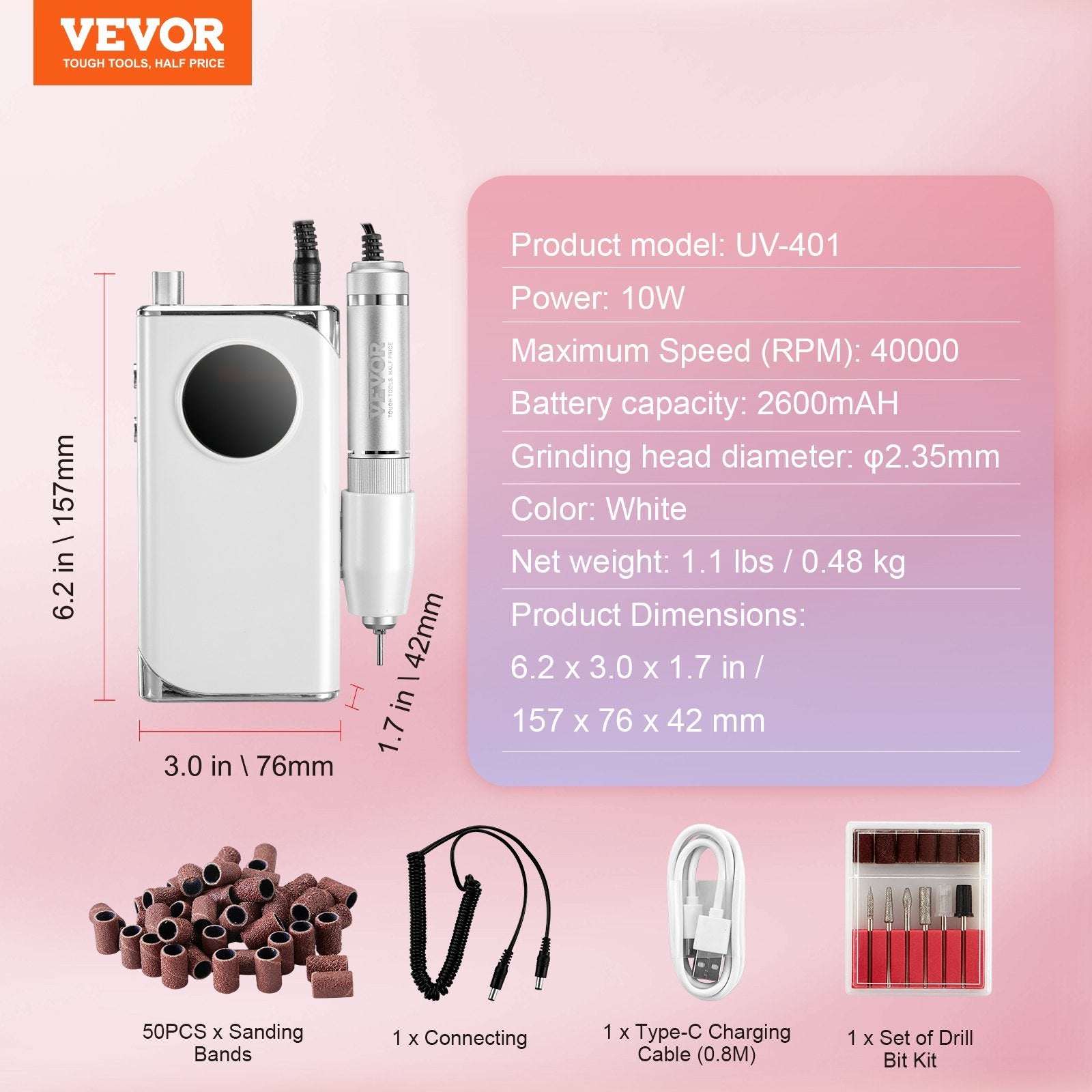 VEVOR Electric Rechargeable Nail Drill - 40,000RPM Cordless E-File with LCD