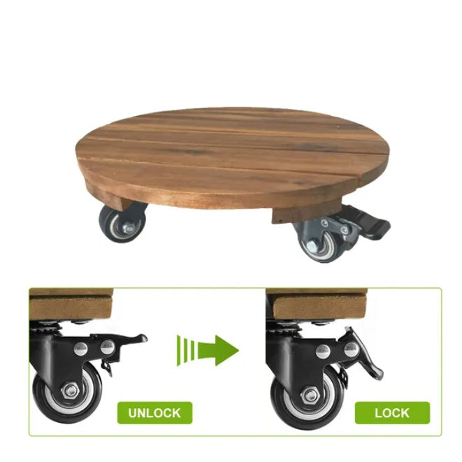 Coocosh plant caddy made from solid wood, featuring smooth-rolling and locking wheels, perfect for supporting your plants both indoors and outdoors.