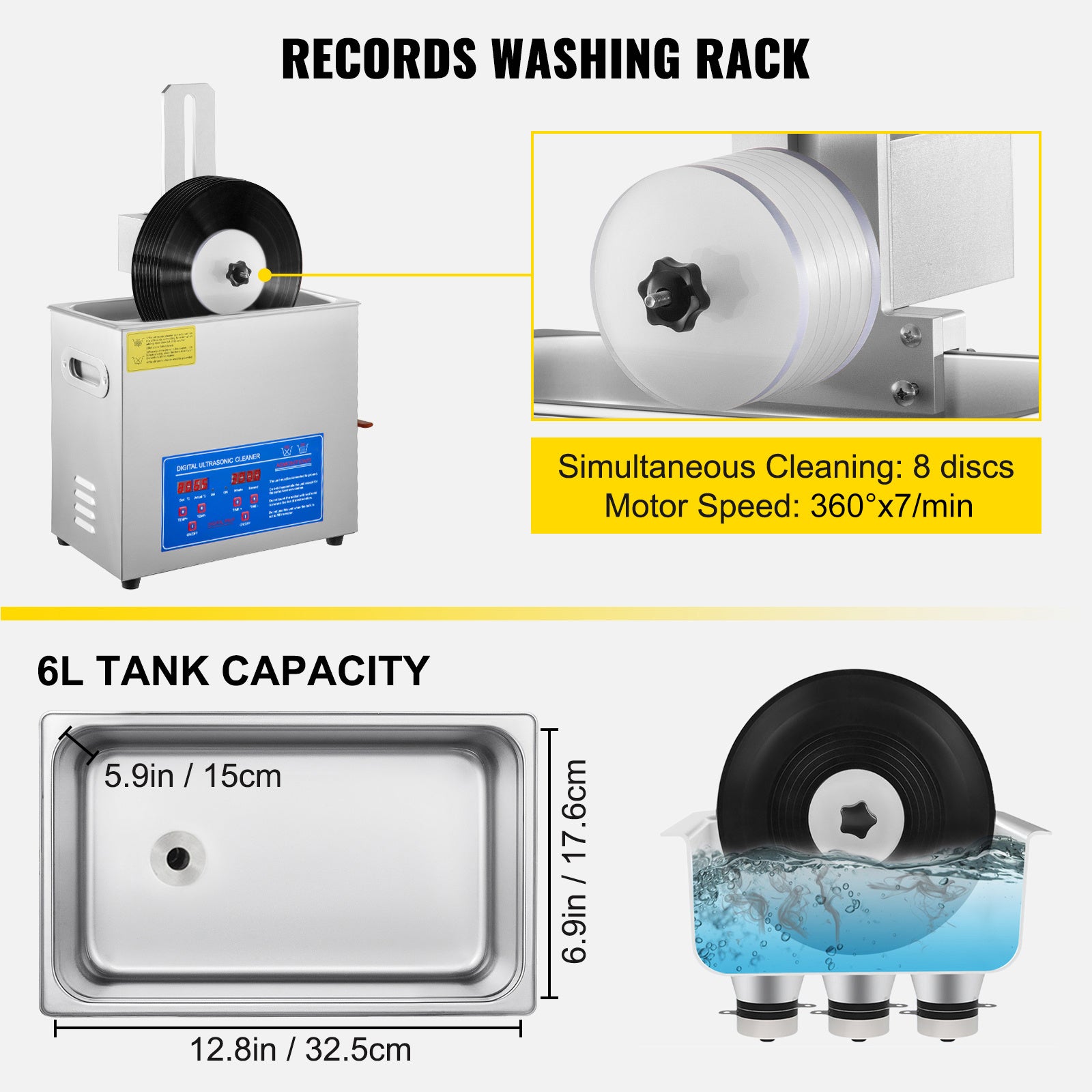 VEVOR 6L Ultrasonic Vinyl Cleaner — 180W 40kHz, Cleans 8 Records