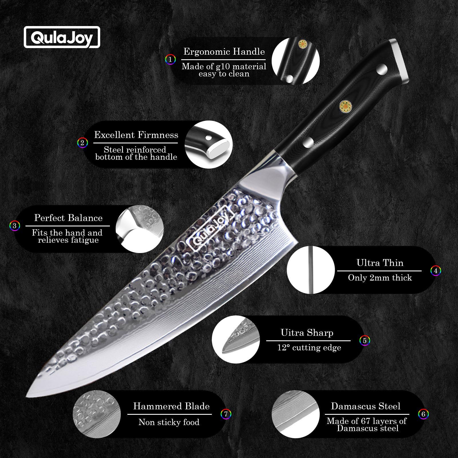 Qulajoy Chef Knife 8 Inch — VG-10 67-Layer Damascus, Hammered Blade, G10 Handle