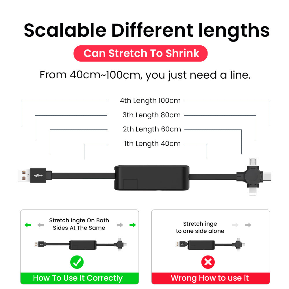 Retractable 3-in-1 Charging Cable with Stand & Storage (USB-A to USB-C/Micro/Lightning, 100 cm, 0.3 A (USB-A Input + 3 Tips)