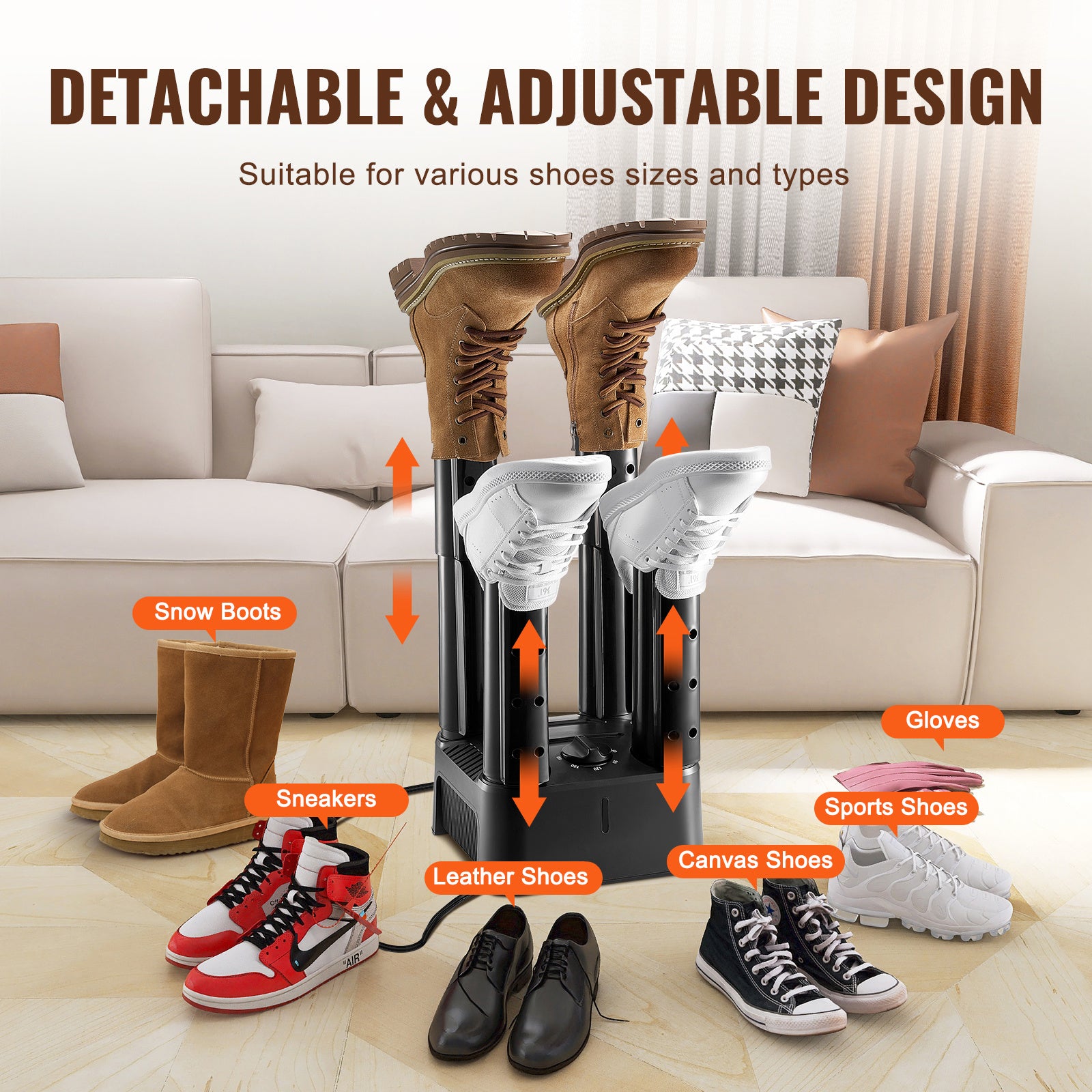 VEVOR Detachable 4 Tubes Shoe Dryer With Heat Blower & Timer - Black & Orange