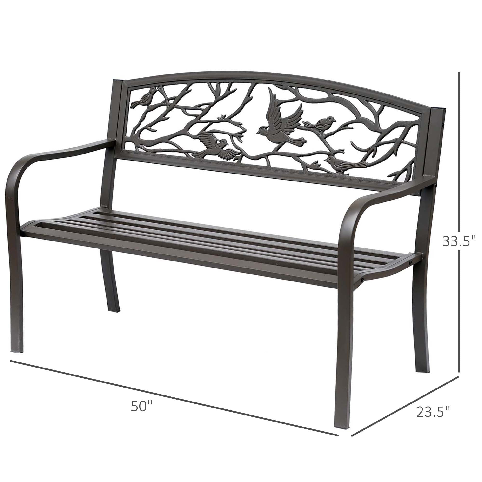 Brown Metal Garden Bench 50" — 2-Seat Patio Bench with Backrest & Armrests