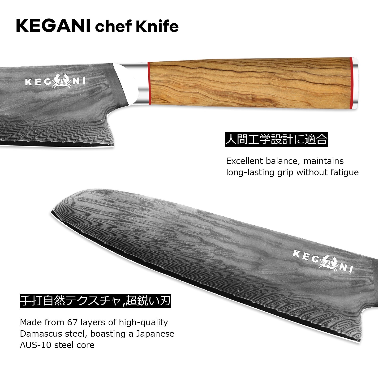 Kegani Kiritsuke Knife - 8 Inch Professional Japanese Chef's Knife, 67 Layers AUS-10 Damascus Steel - D-Shaped Wood Handle