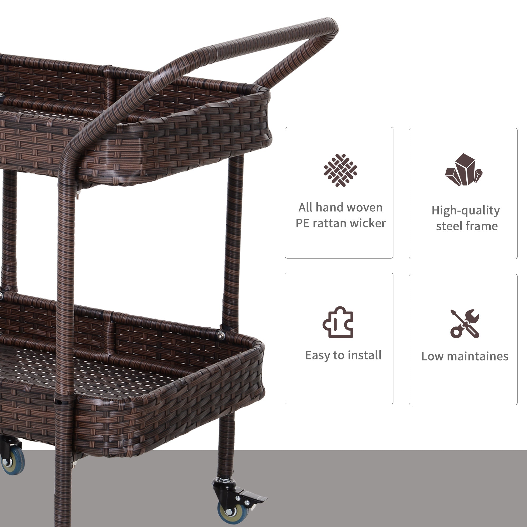 Rattan Wicker Outdoor Kitchen Trolley, Rolling Serving Cart With 2 Tray Shelves, Brown