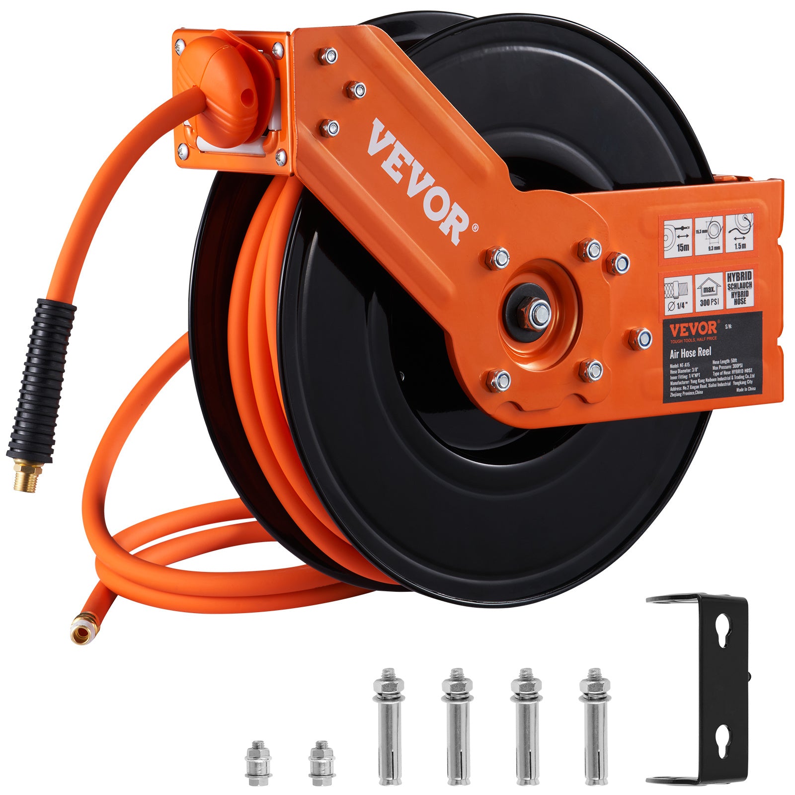 VEVOR Retractable Air Hose Reel, 50 FT Hybrid Air Hose Max 300PSI