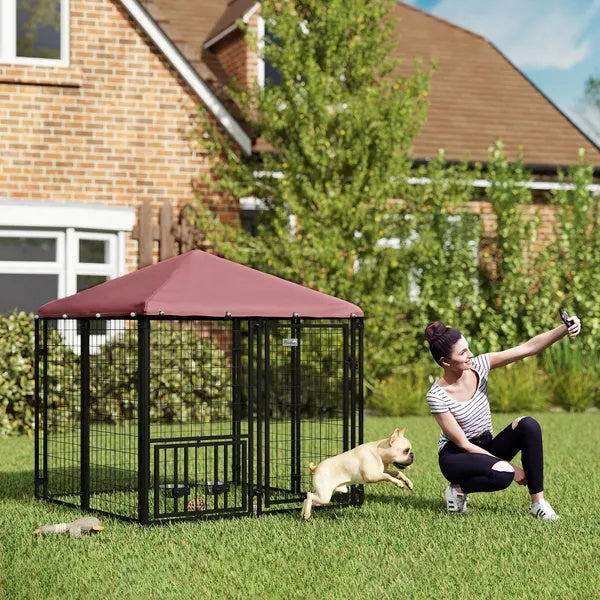 Welded Wire Outdoor Dog Kennel With 360 Rotating & 4 Levels Adjustable Bowls, Waterproof Cover