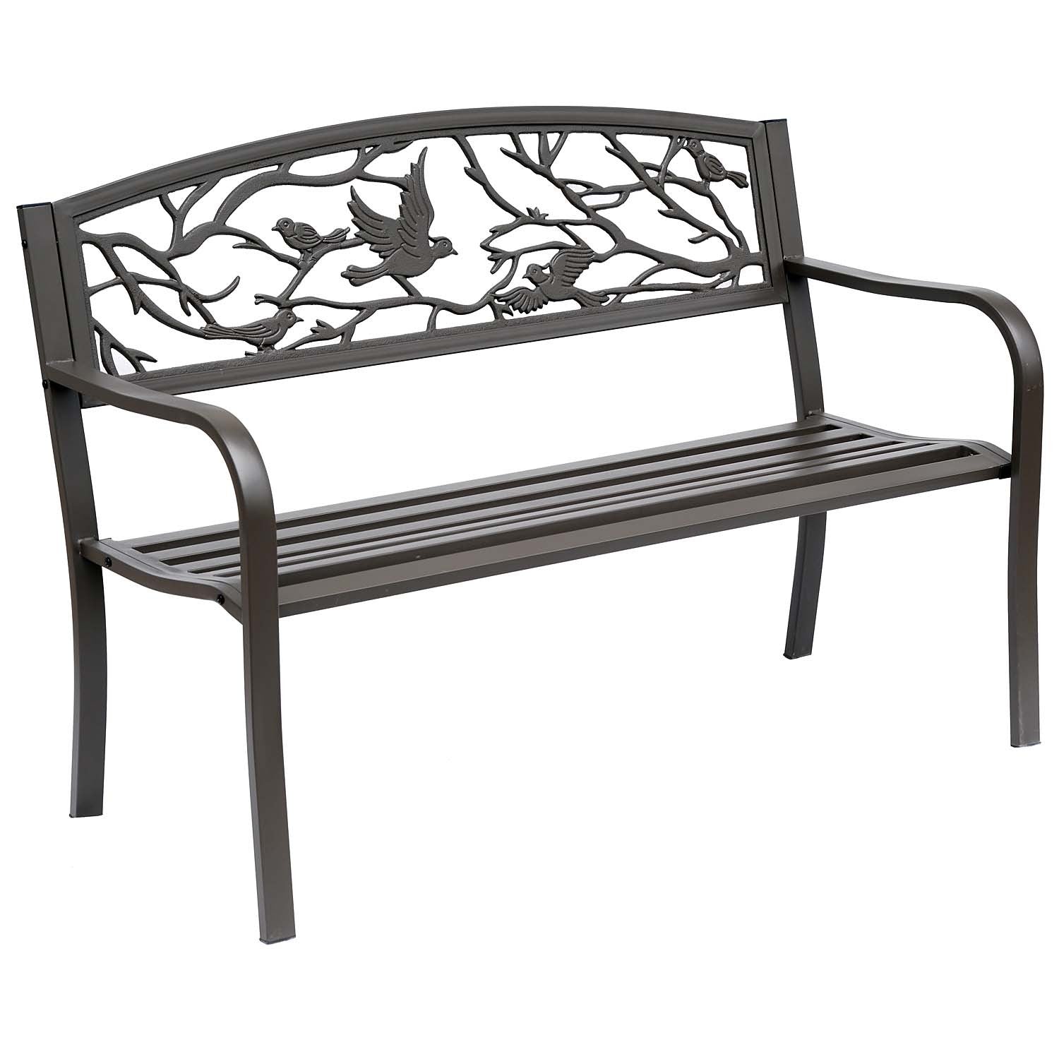 Brown Metal Garden Bench 50" — 2-Seat Patio Bench with Backrest & Armrests