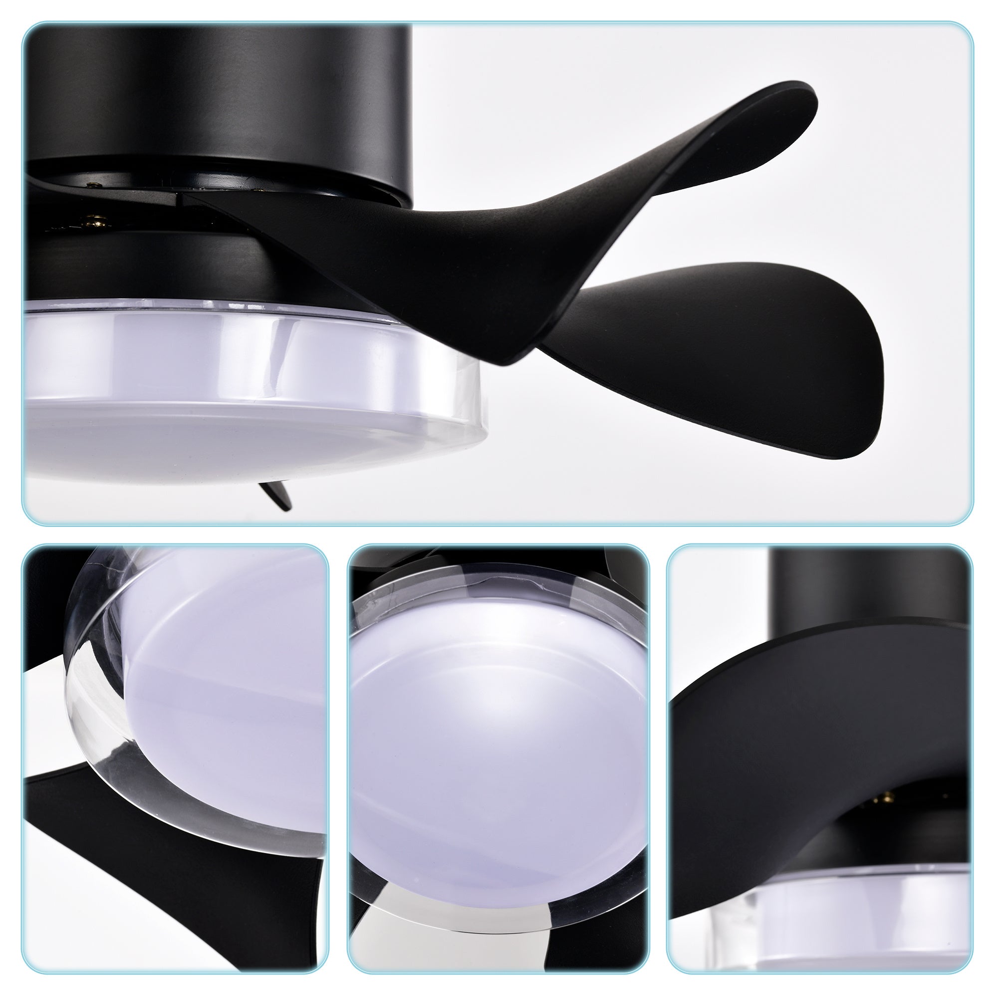 21'' Low Noise Matte Black ABS Blade Remote Ceiling Fan With LED Light