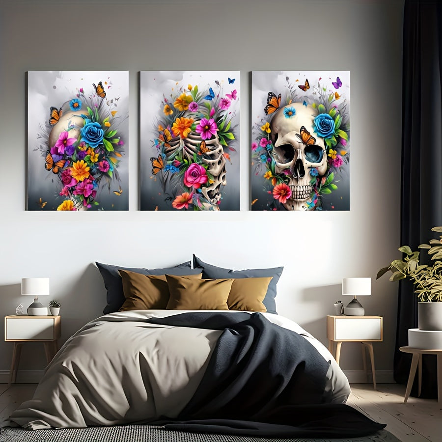 3 Pieces Skull Art Canvas Painting - Framed Contemporary Minimalist Artwork
