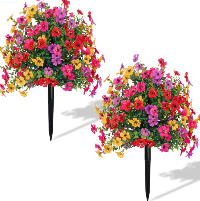 Coocosh Artificial Floral Planters with Multi-colored Petunias and Violas, vibrant shades of yellow, red, pink, and purple, each resting on a sturdy black stake, ideal for outdoor decoration.