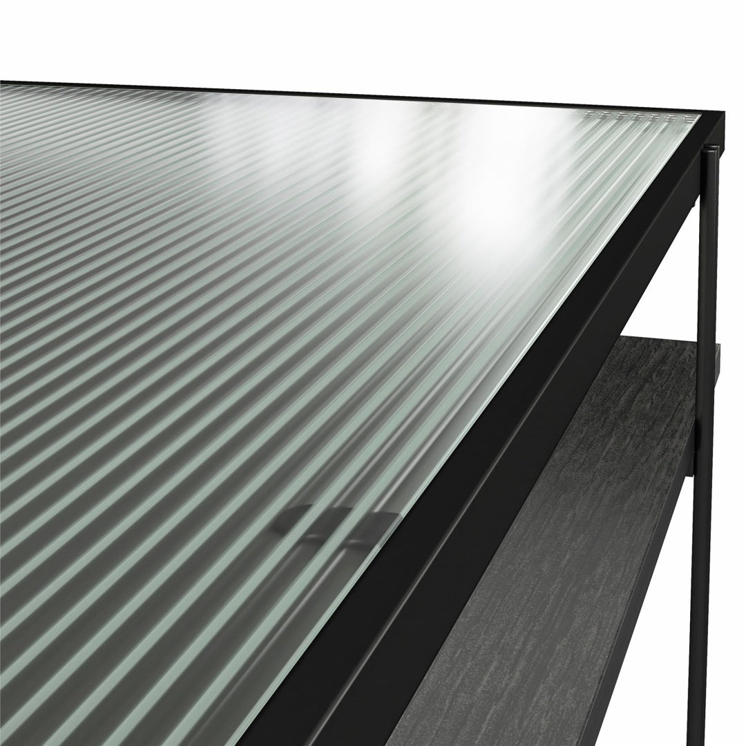 Coocosh Vance Computer Desk showcasing sturdy fluted glass and a sleek black metal frame, measuring 43.3 inches wide, perfect for efficient home office setups.