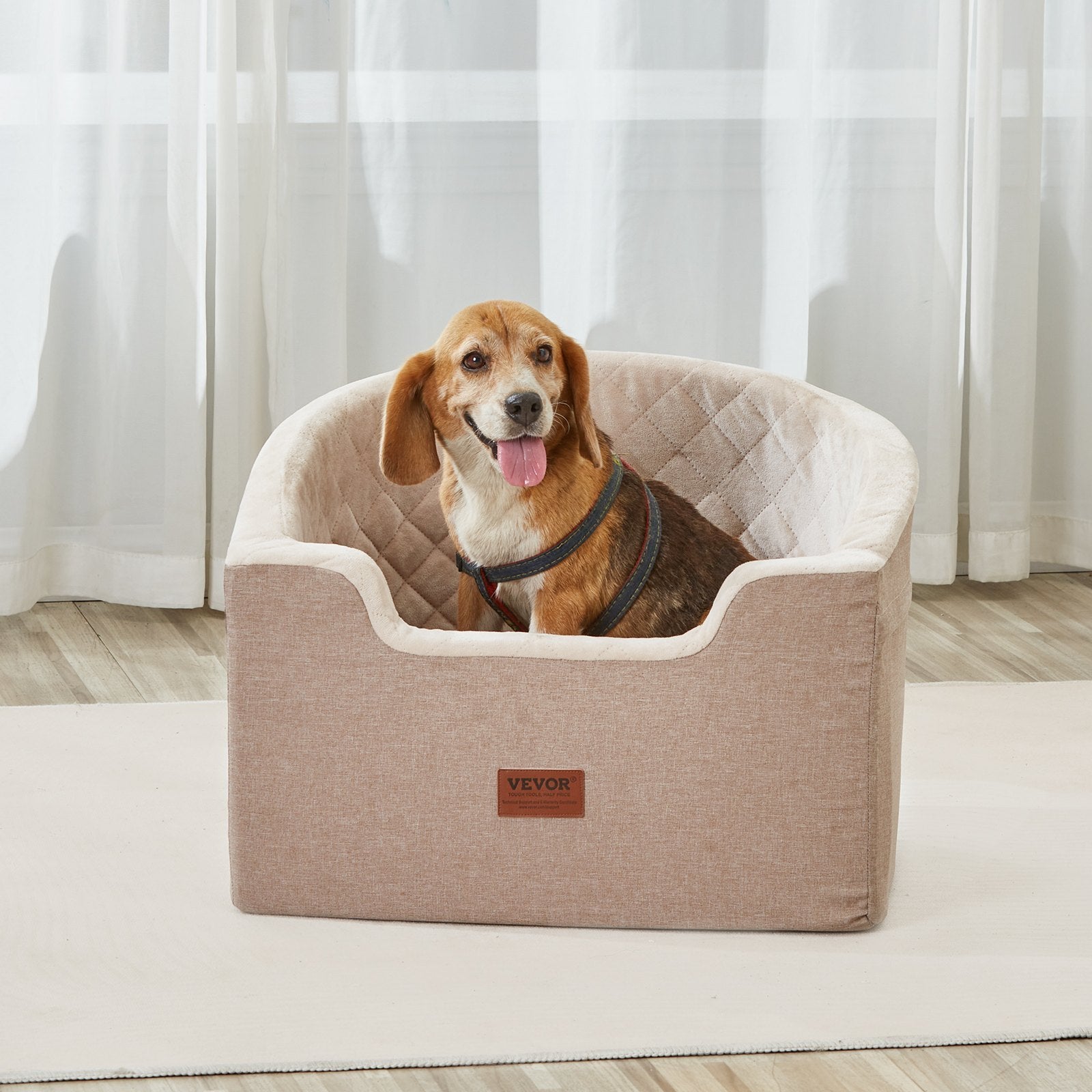 Dog Booster Car Seat – 55 lb Capacity, Sofa-Style Bucket Seat w/ Waterproof Cushion (Brown)