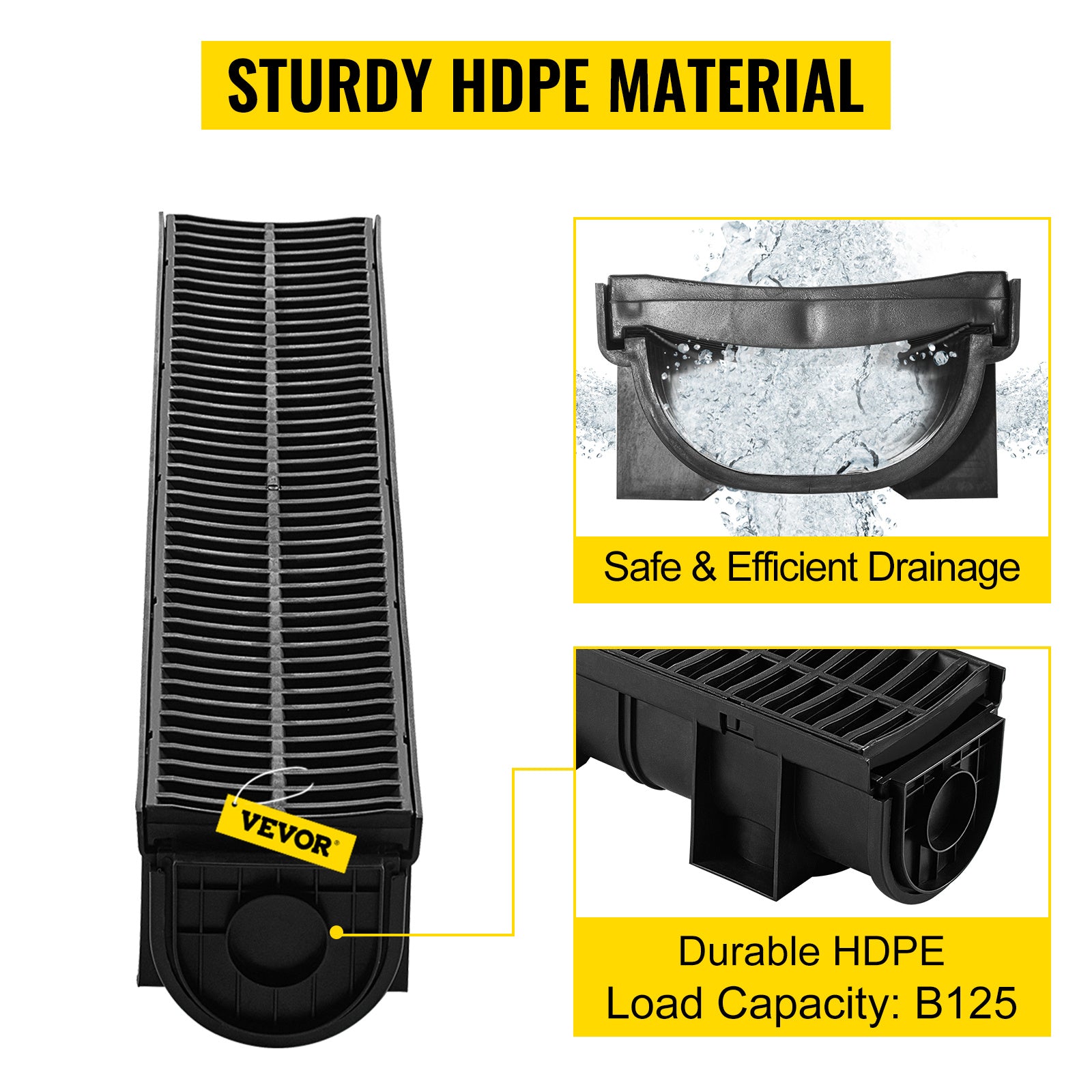 VEVOR Trench Drain System, Channel Drain with Plastic Grate, 5.9x5.1-Inch HDPE Drainage Trench, Black