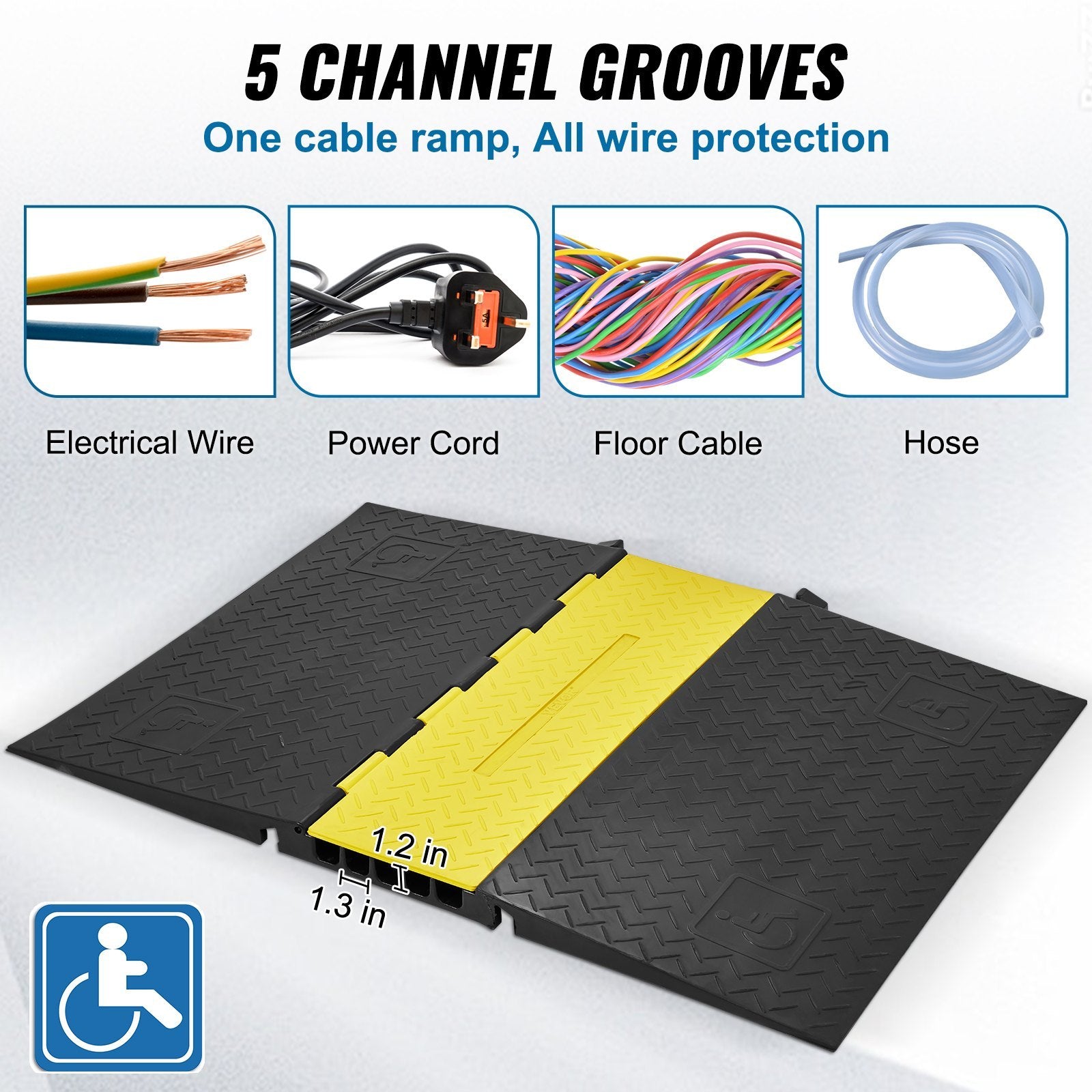 VEVOR 5-Channel Heavy-Duty Cable Protector Ramp – ADA Compliant, 22,000 lbs, Interlocking